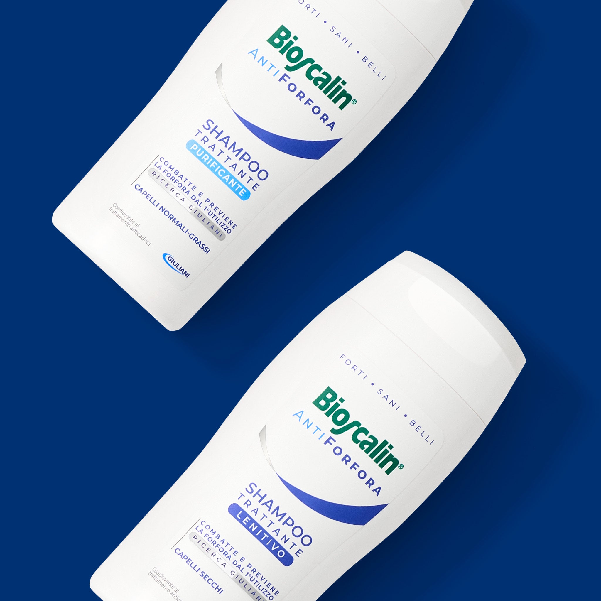 Due flaconi Bioscalin® Antiforfora: versioni Purificante per capelli grassi e Lenitivo per capelli secchi