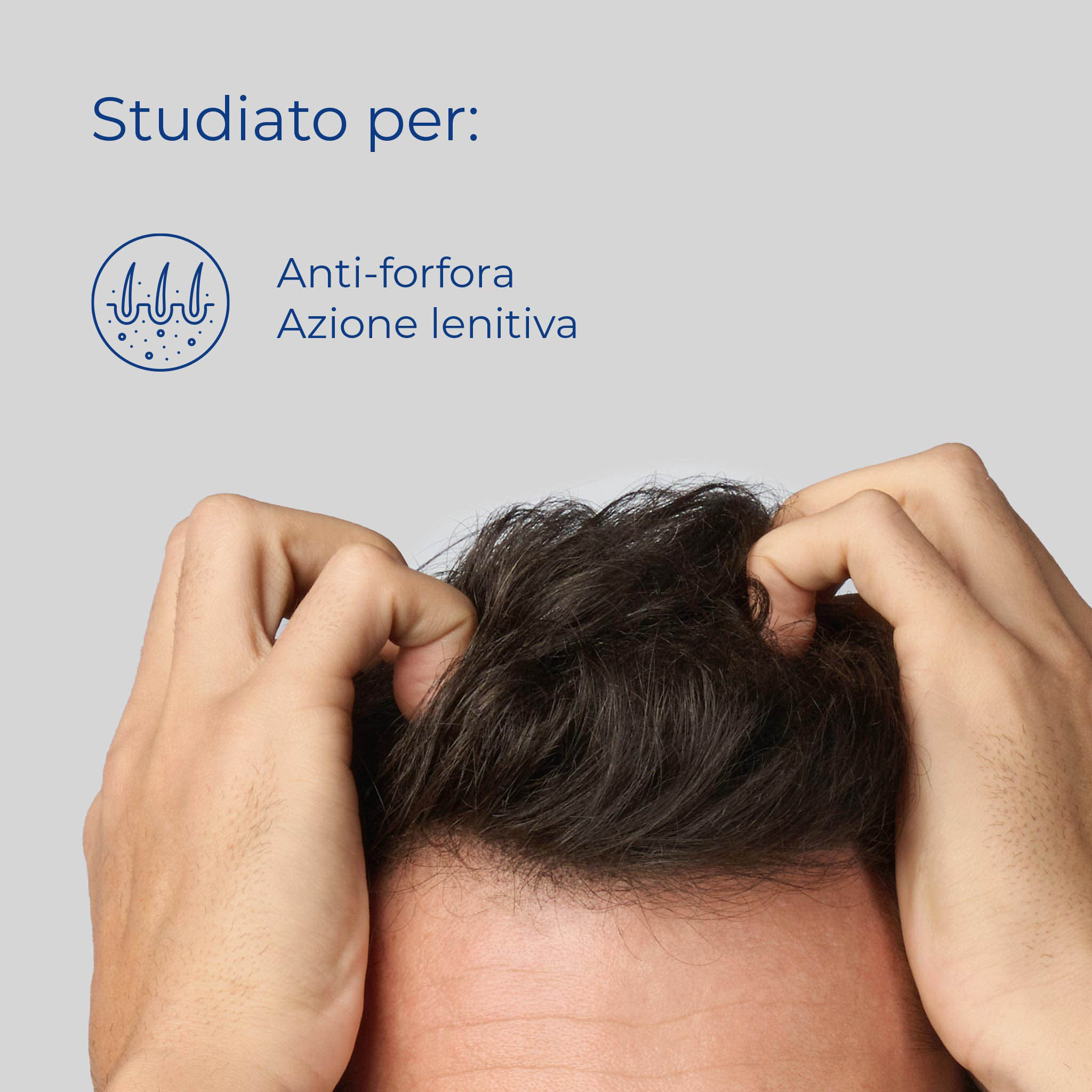 Dettaglio cute uomo: Bioscalin® Antiforfora con azione lenitiva specifica contro la forfora ed i capelli secchi