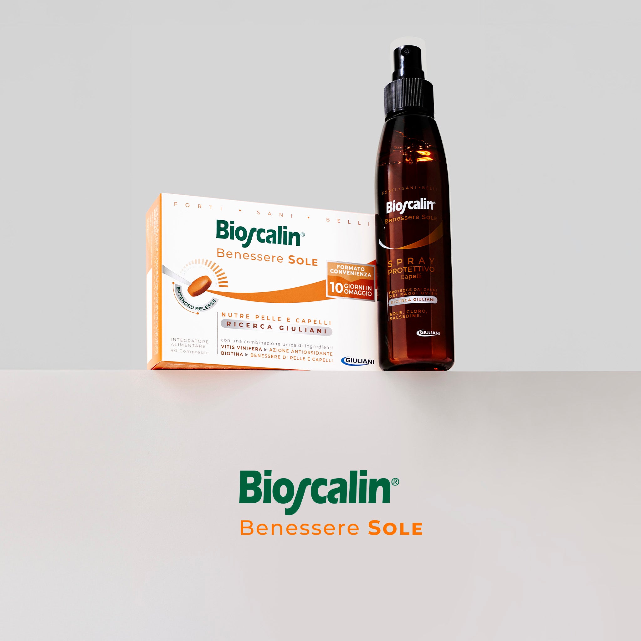 Linea Bioscalin® Benessere SOLE: integratore e spray per l'efficacia potenziata di un trattamento sinergico.
