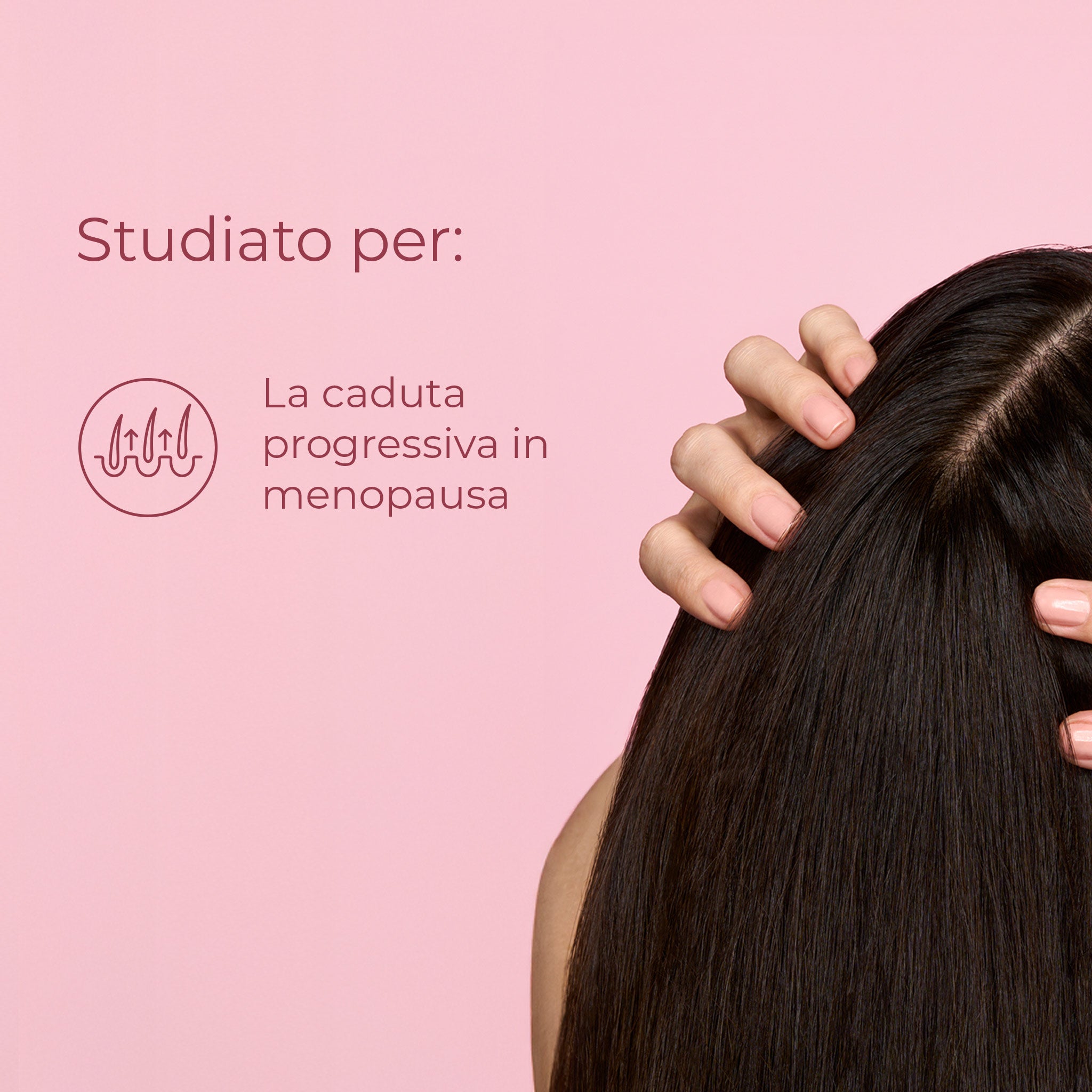 Dettaglio della cute di una ragazza mora che usa integratore per capelli Bioscalin® studiato per la caduta progressiva in menopausa