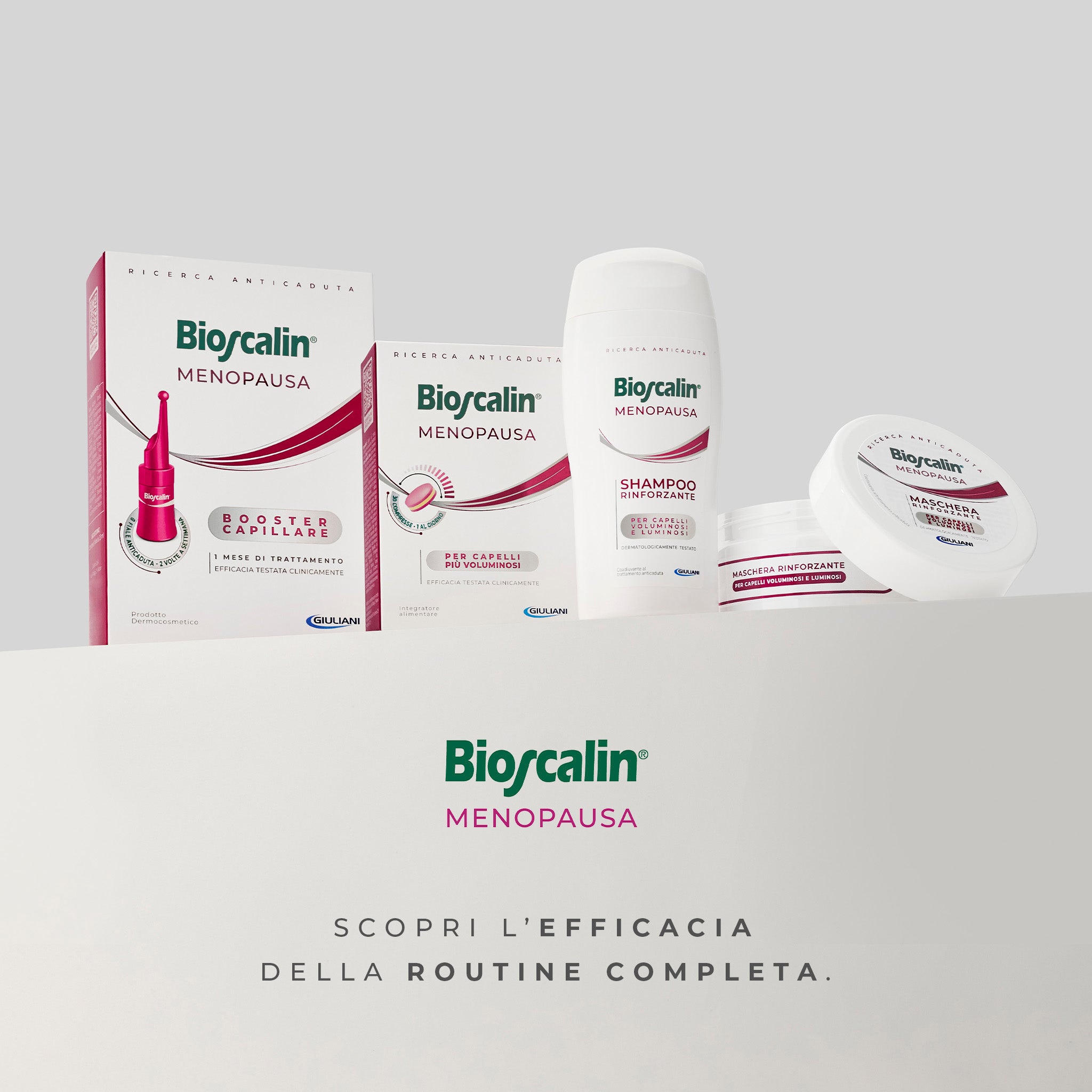 Linea Bioscalin® Menopausa: shampoo e maschera rinforzante, booster capillare ed integratore in compresse studiati per la caduta progressiva