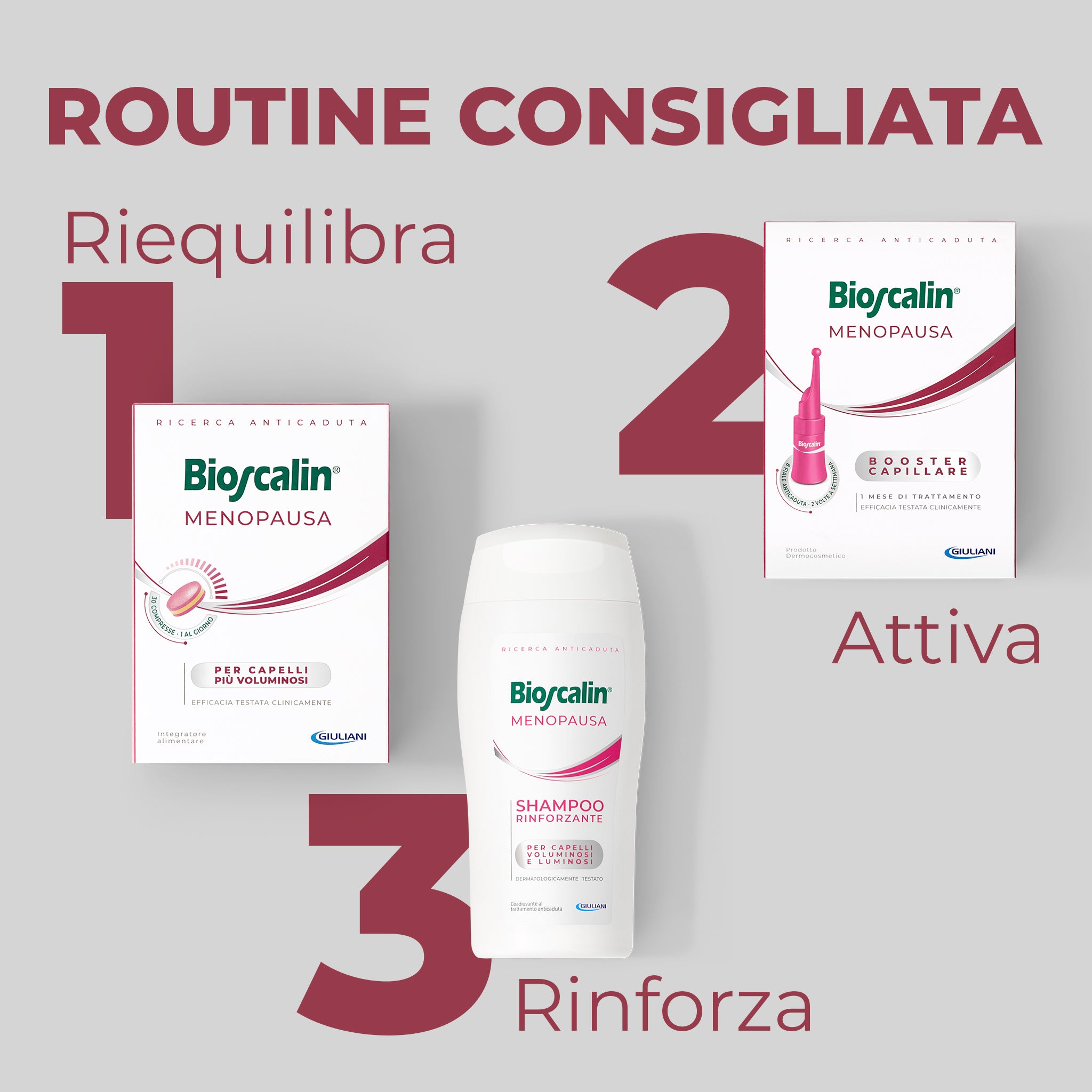Protocollo Bioscalin® Menopausa: 1. Riequilibra con compresse, 2. Attiva con booster, 3. Rinforza con shampoo
