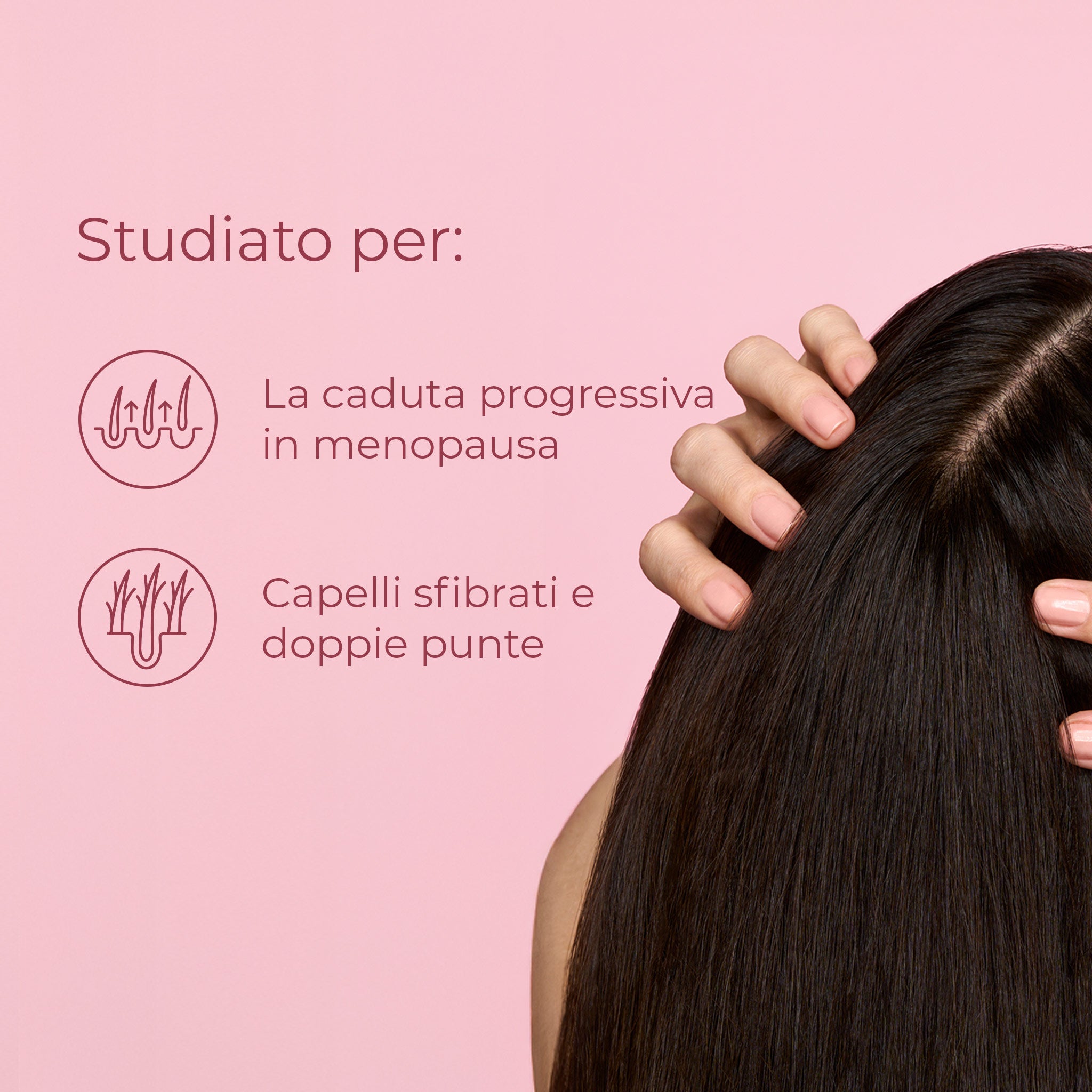 Dettaglio della cute di una donna che usa la maschera rinforzante Bioscalin® linea Menopausa contro la caduta progressiva dei capelli