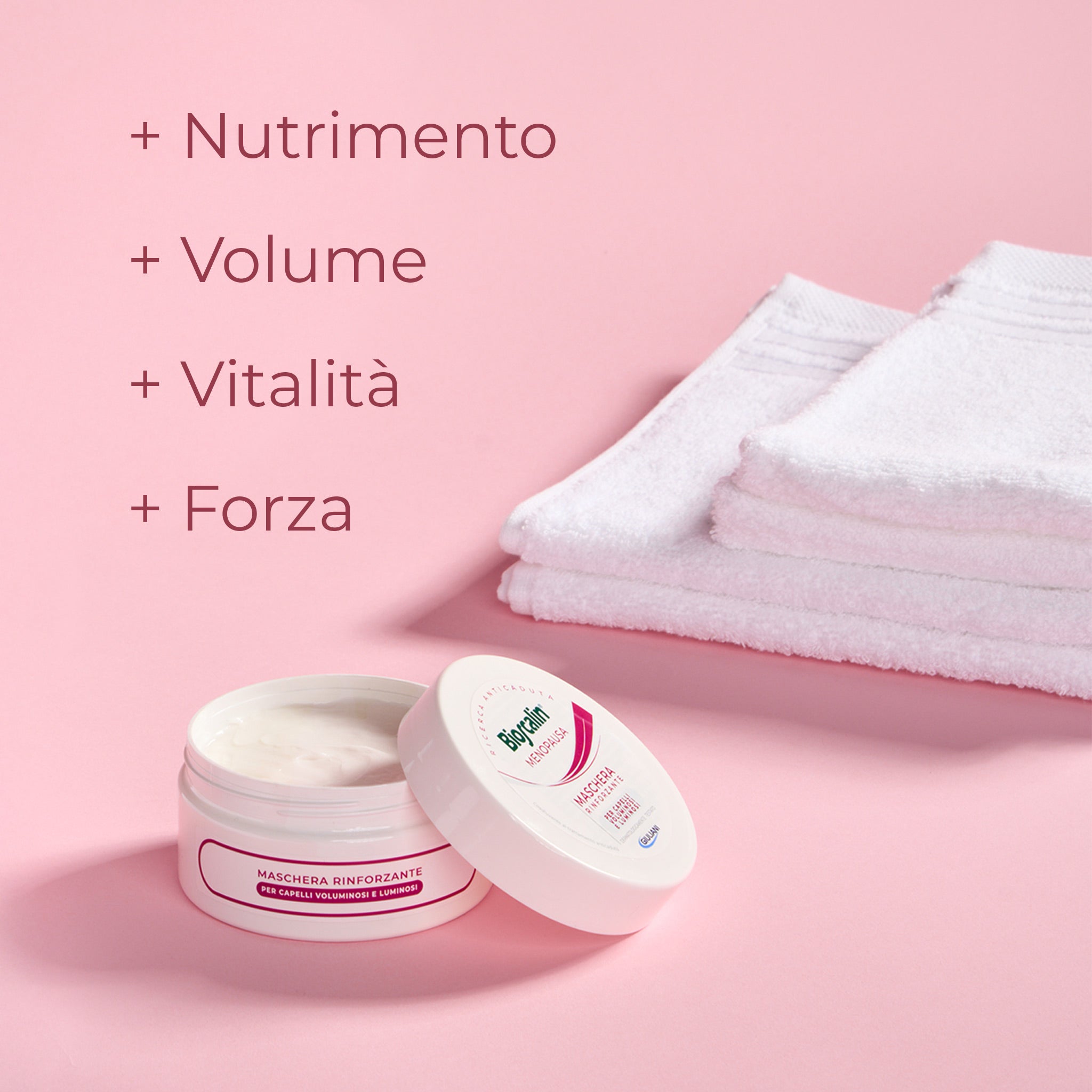 Confezione maschera rinforzante Bioscalin® linea Menopausa: dona nutrimento, volume, vitalità e forza