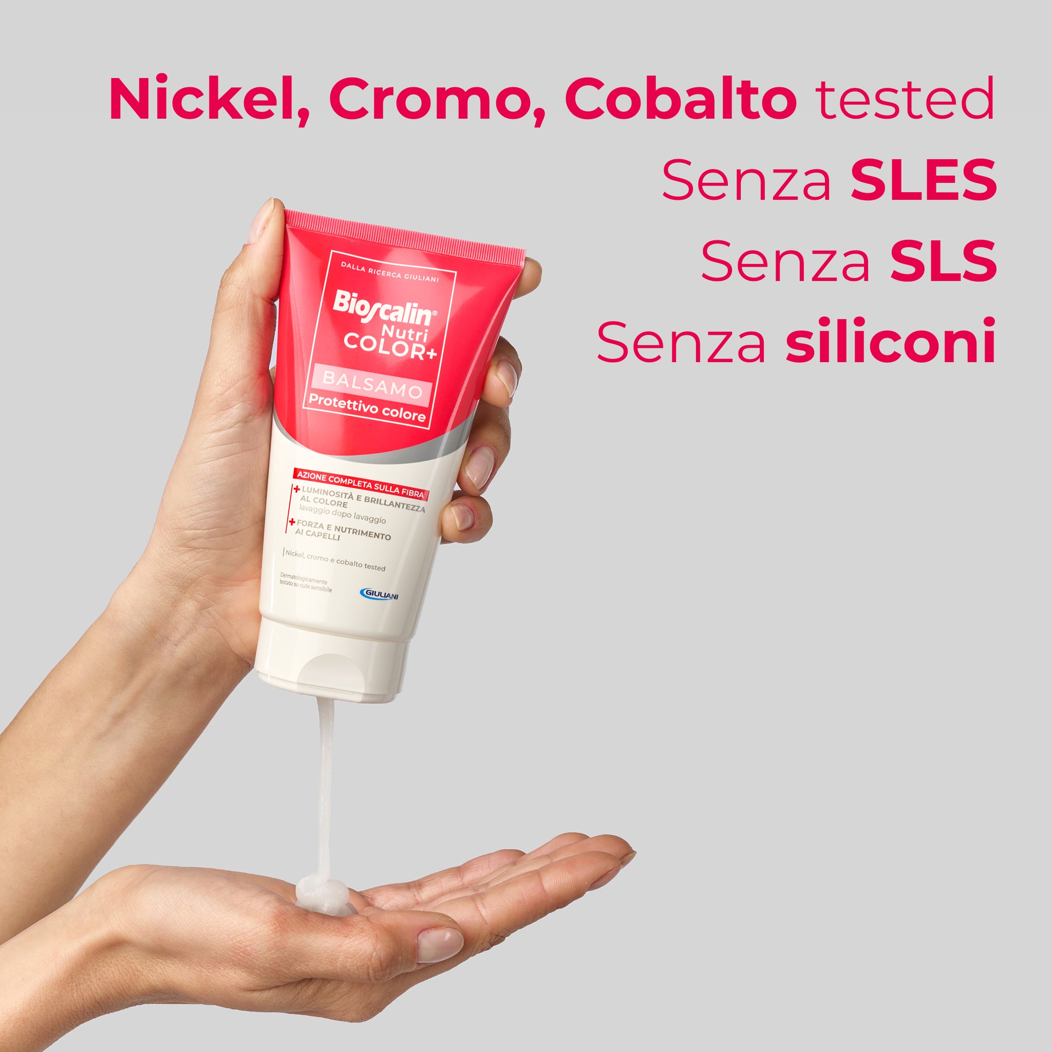 Texture cremosa del balsamo Bioscalin® NutriCOLOR+: Nickel, Cromo e Cobalto tested, senza siliconi