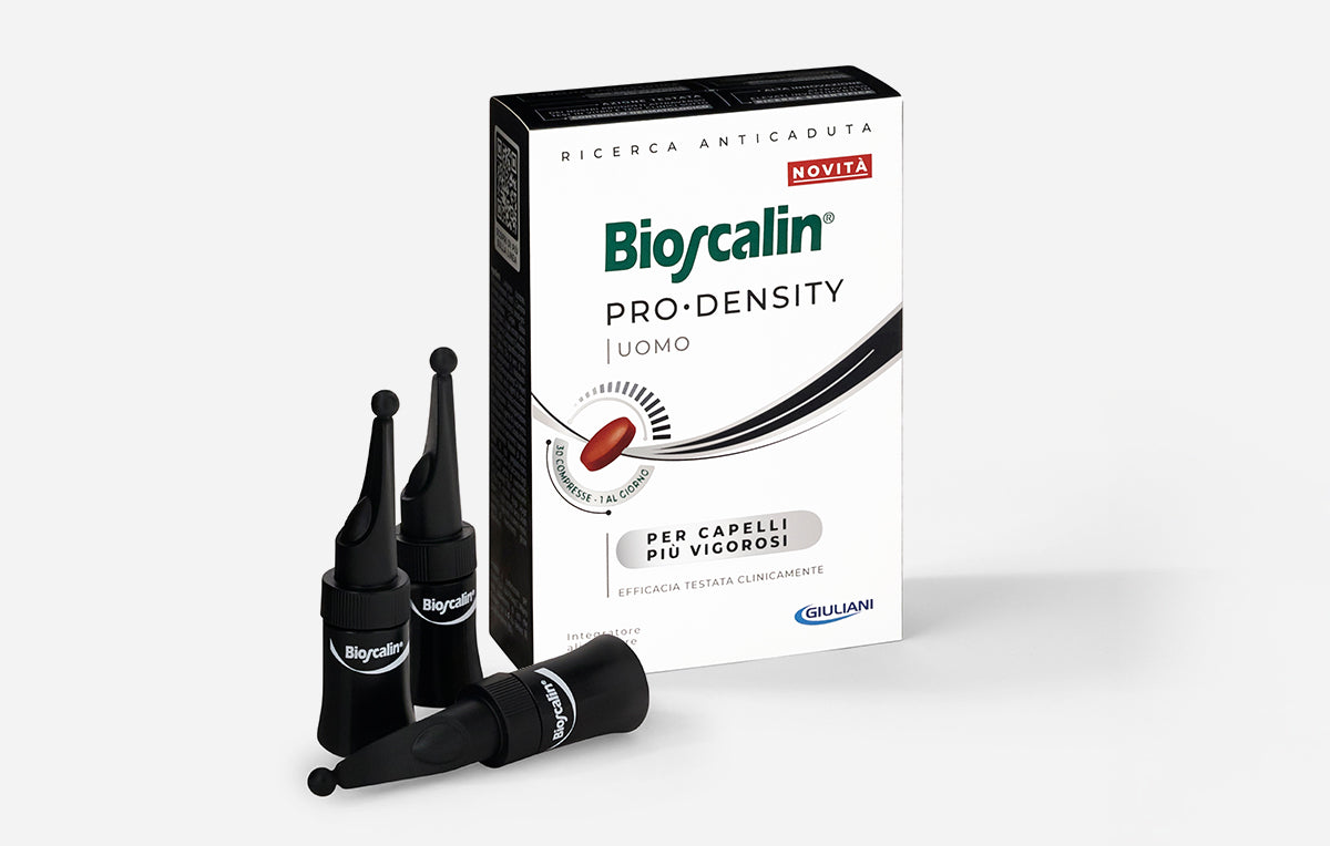 Attivatore capillare e compresse Bioscalin® Pro•density: l'integrazione ideale tra trattamento topico e alimentare per i capelli dell'uomo