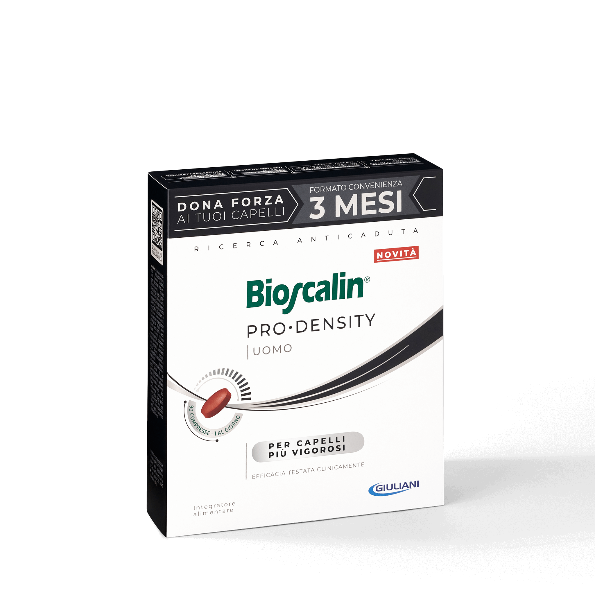 Dettaglio della confezione integratore anticaduta uomo Bioscalin® linea PRO•DENSITY da 90 compresse | #format_90 compresse