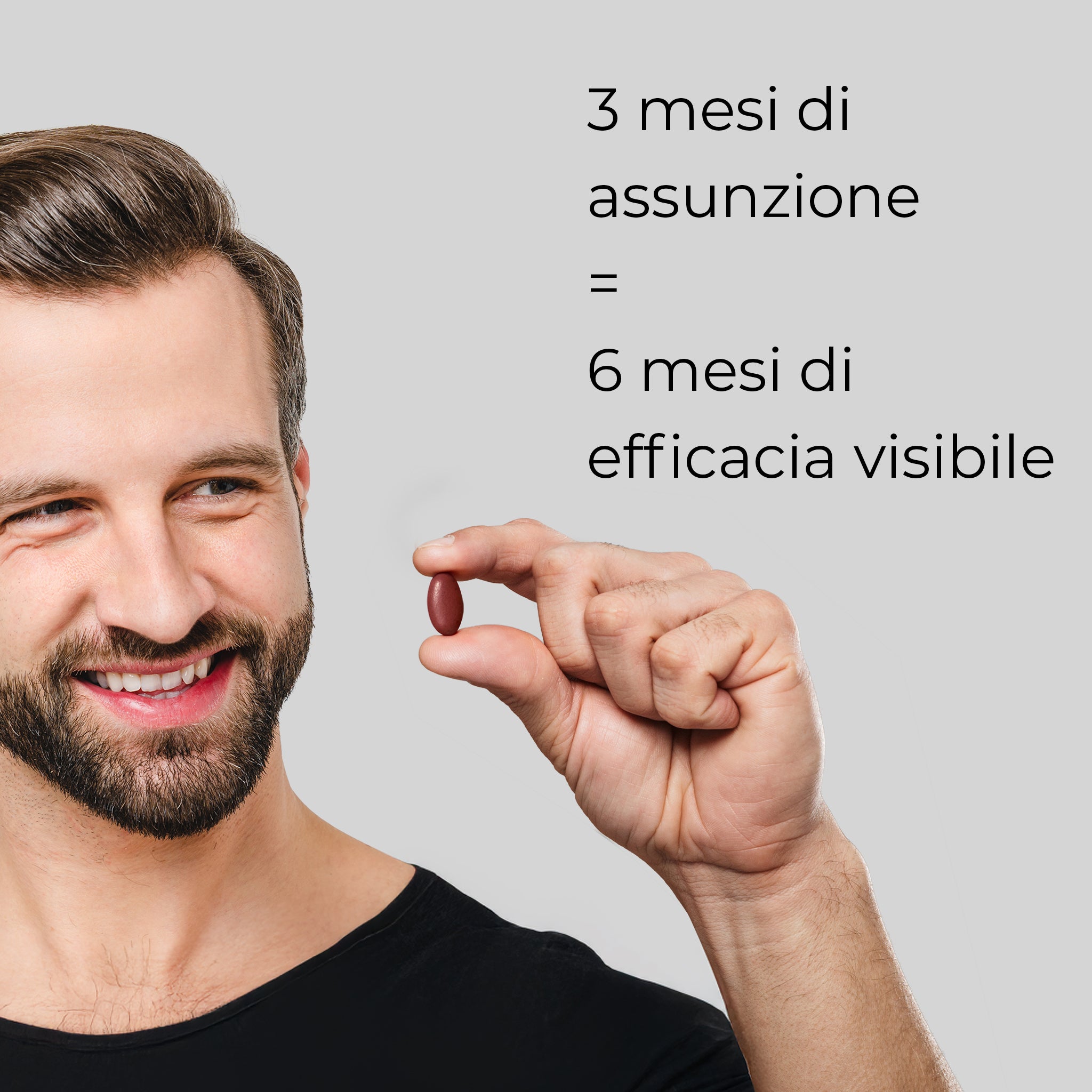 Primo piano di un uomo che afferra una compressa dell'integratore anticaduta Bioscalin® PRO•DENSITY