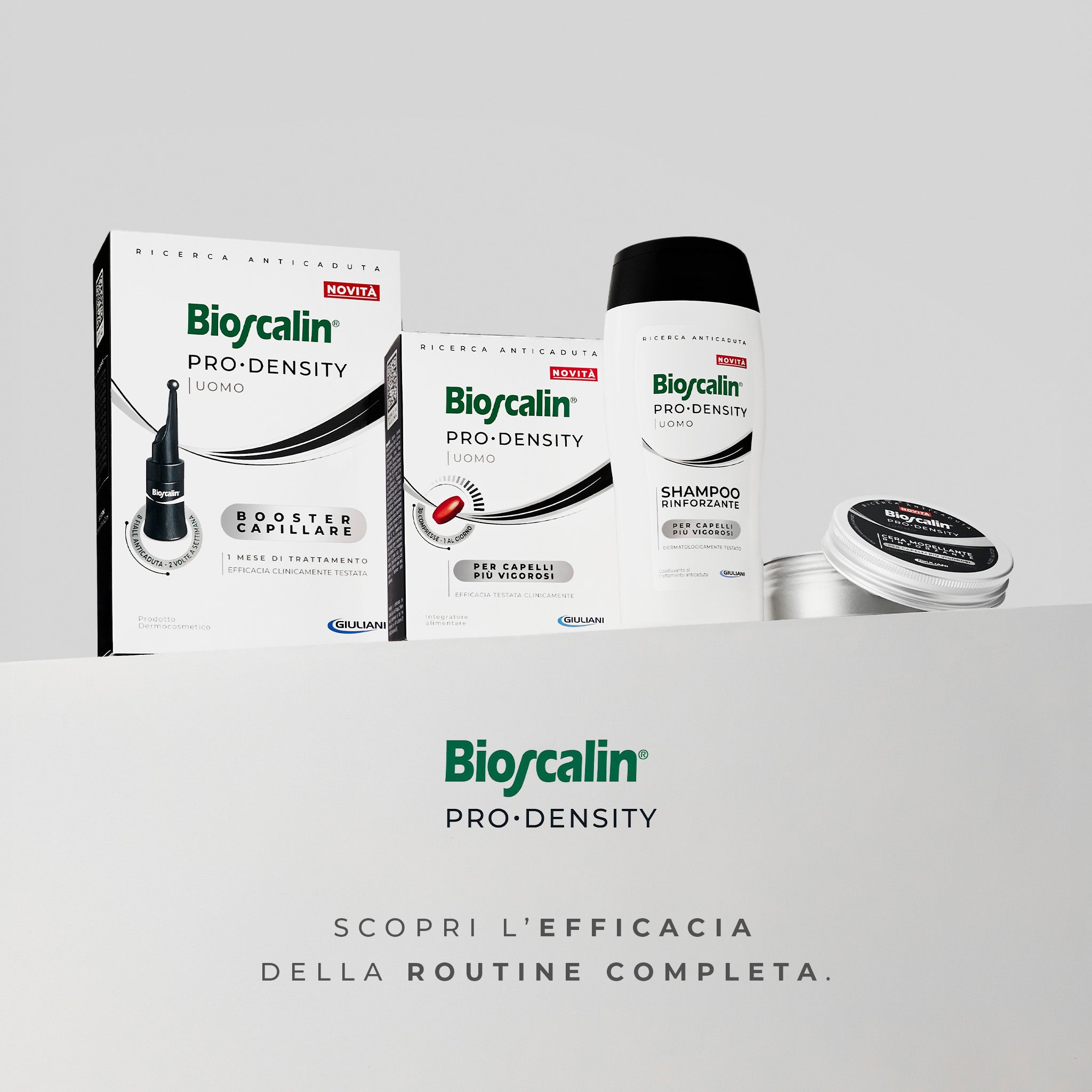 Primo piano delle confezioni della linea Bioscalin® PRO•DENSITY anticaduta uomo disponibile nei formati shampoo, cera, gel, fiale ed in compresse