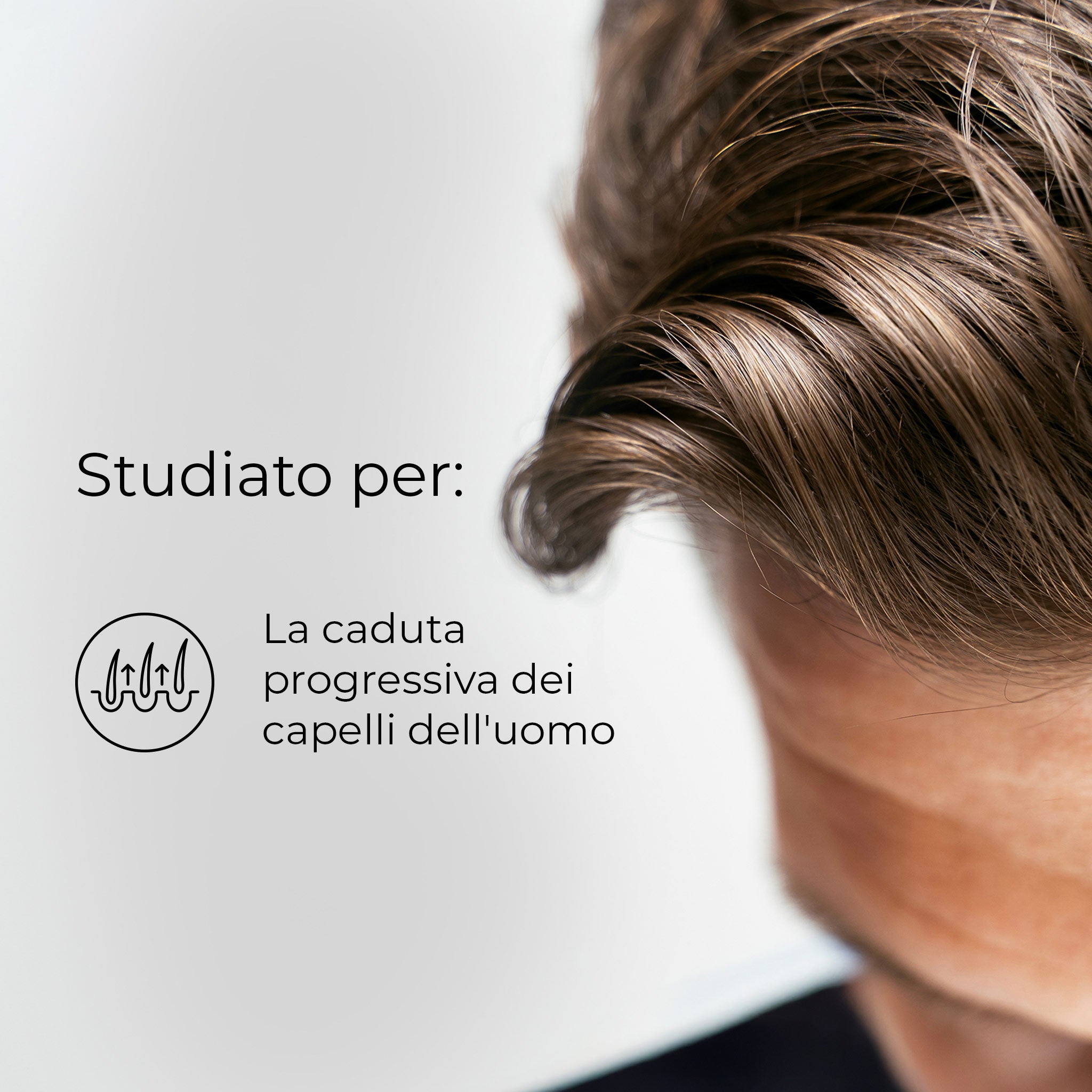 Dettaglio di un ciuffo di capelli su cui viene applicato il gel della linea Bioscalin® PRO•DENSITY studiata per la caduta progressiva nell'uomo