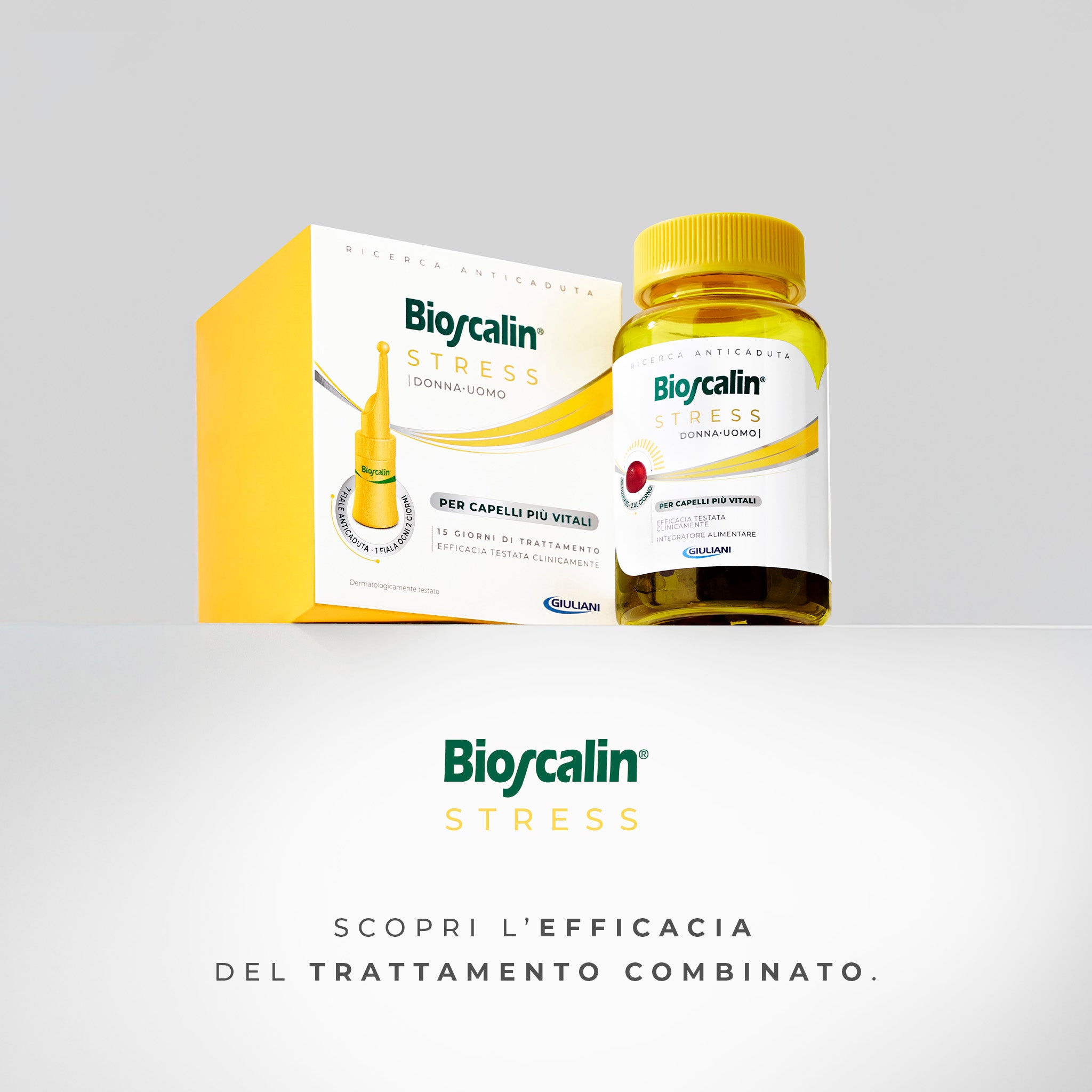 Confezione di fiale e flacone di gommose della linea Bioscalin® Stress per contrastare la caduta dei capelli