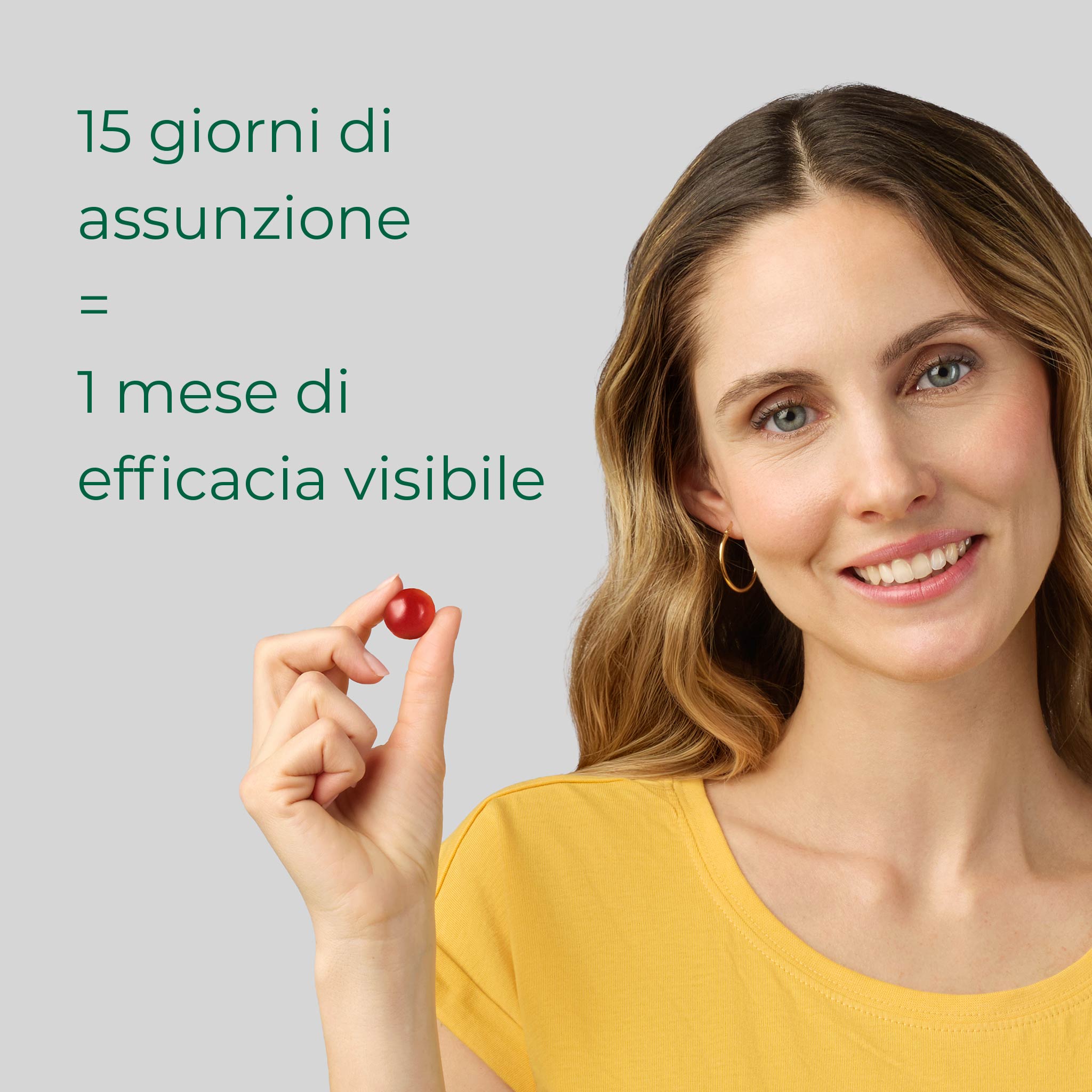 Donna con gommosa Bioscalin® Stress tra le dita: 15 giorni di trattamento garantiscono 1 mese di efficacia anticaduta
