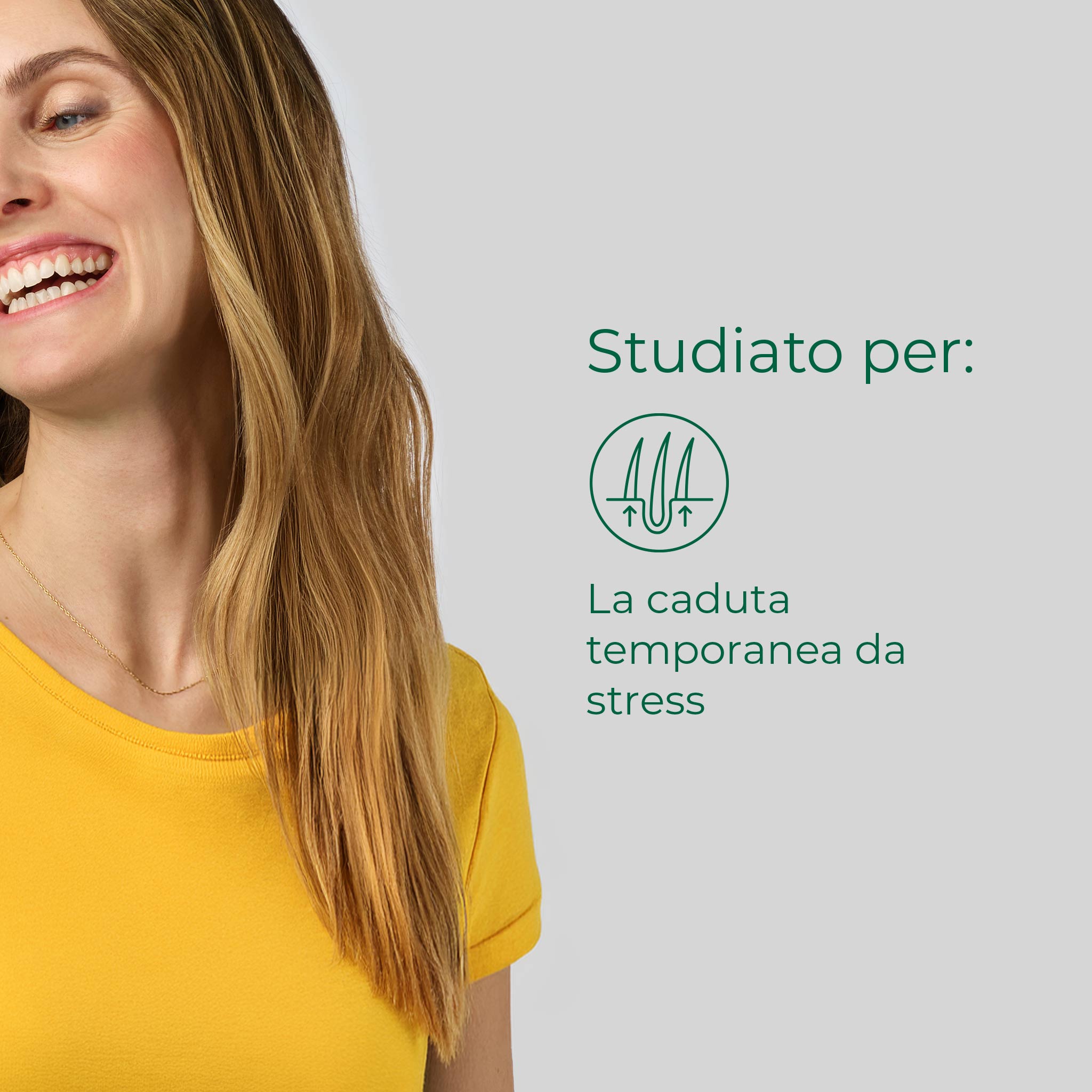 Donna con capelli lunghi e luminosi: Bioscalin® Stress è studiato per contrastare la caduta temporanea da stress