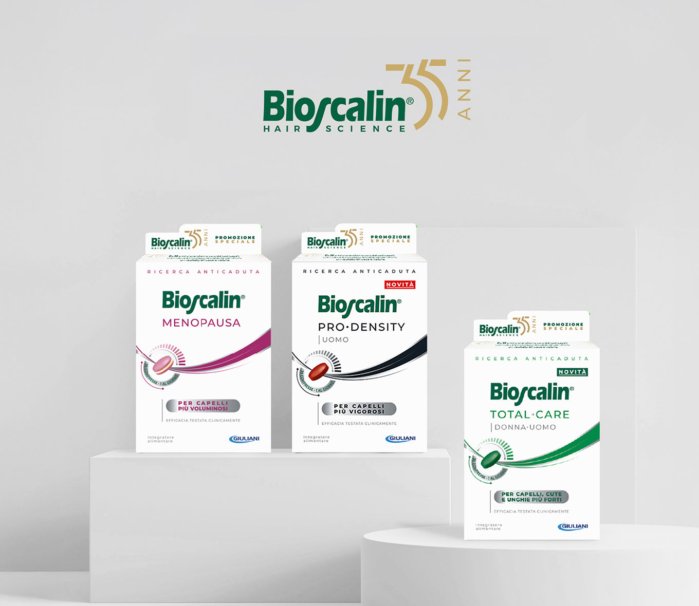 Gamma di integratori in compresse Bioscalin® Menopausa, Pro•Density e Total•Care per i 35 anni del marchio.