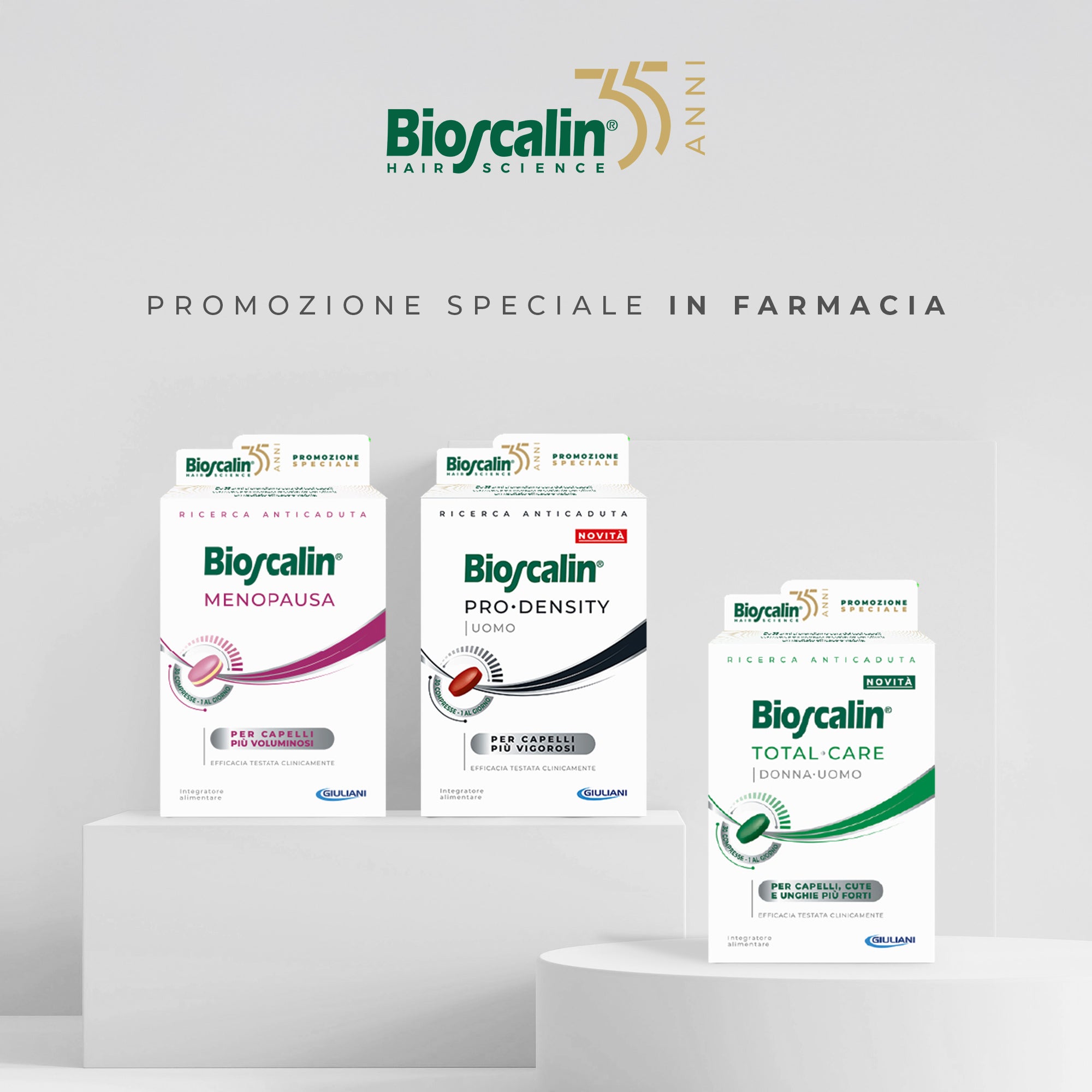 Gamma prodotti della linee Bioscalin® Total•Care, Pro•Density e Menopausa.
