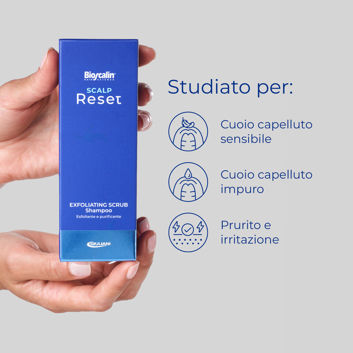 Confezione di Bioscalin® Scalp Reset Exfoliating Scrub Shampoo, studiato per cuoio capelluto sensibile, impuro o in caso di prurito e irritazione.