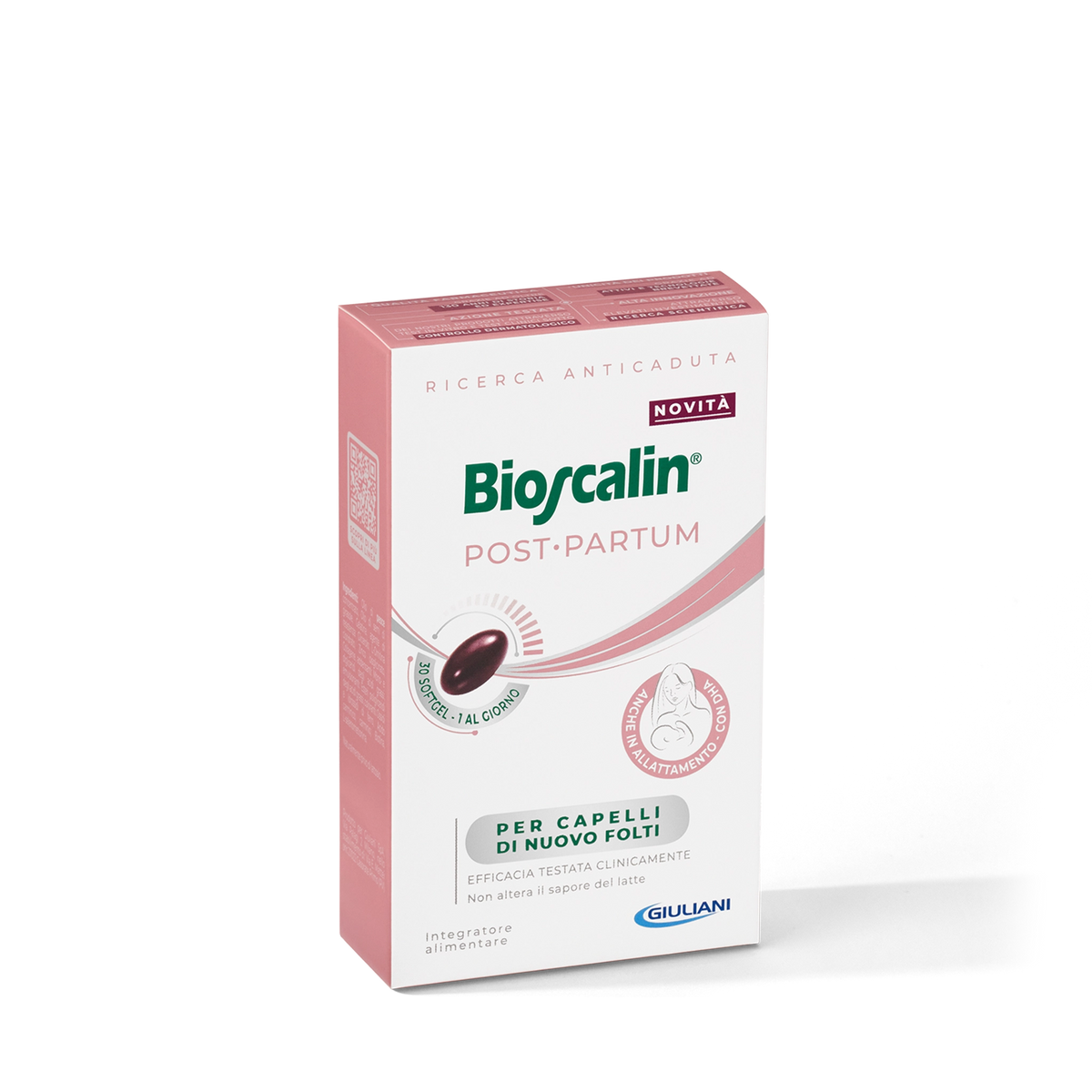 Confezione dell’integratore Bioscalin® Post•Partum in capsule softgel per capelli di nuovo folti.