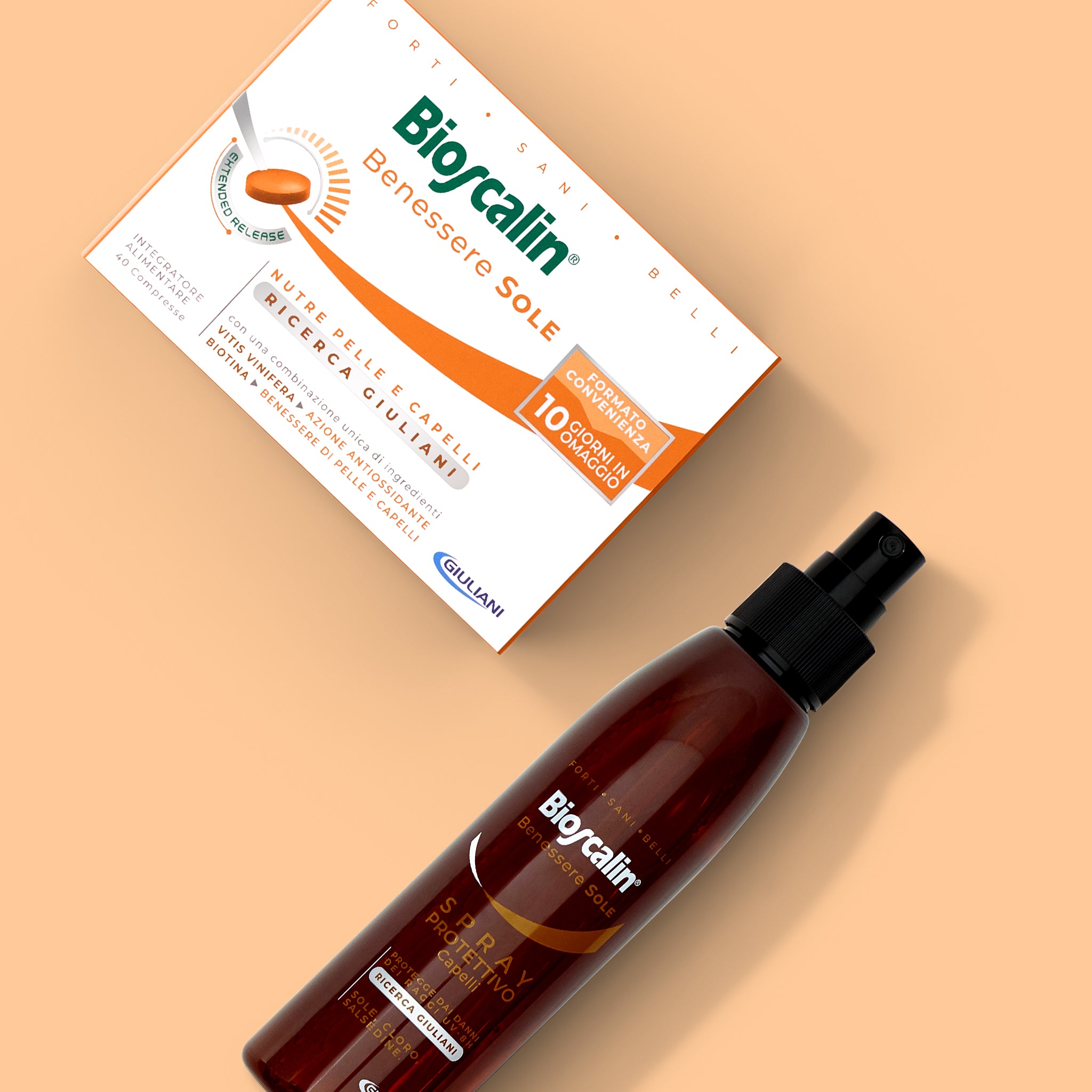 Linea di prodotti Bioscalin® Benessere SOLE: integratore in compresse e spray protettivo che proteggono ed idratano pelle e capelli