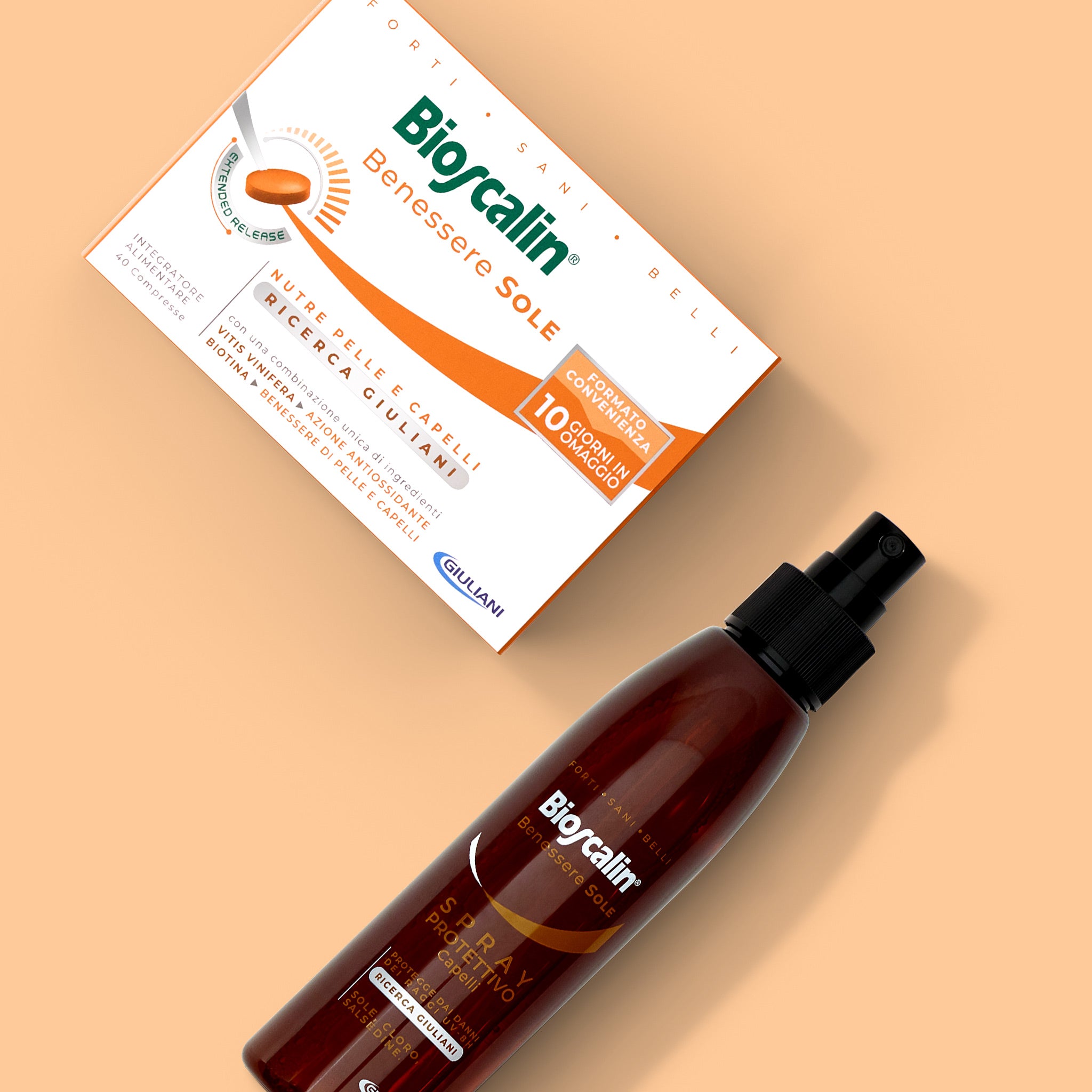 Linea di prodotti Bioscalin® Benessere SOLE: integratore in compresse e spray protettivo che proteggono ed idratano pelle e capelli