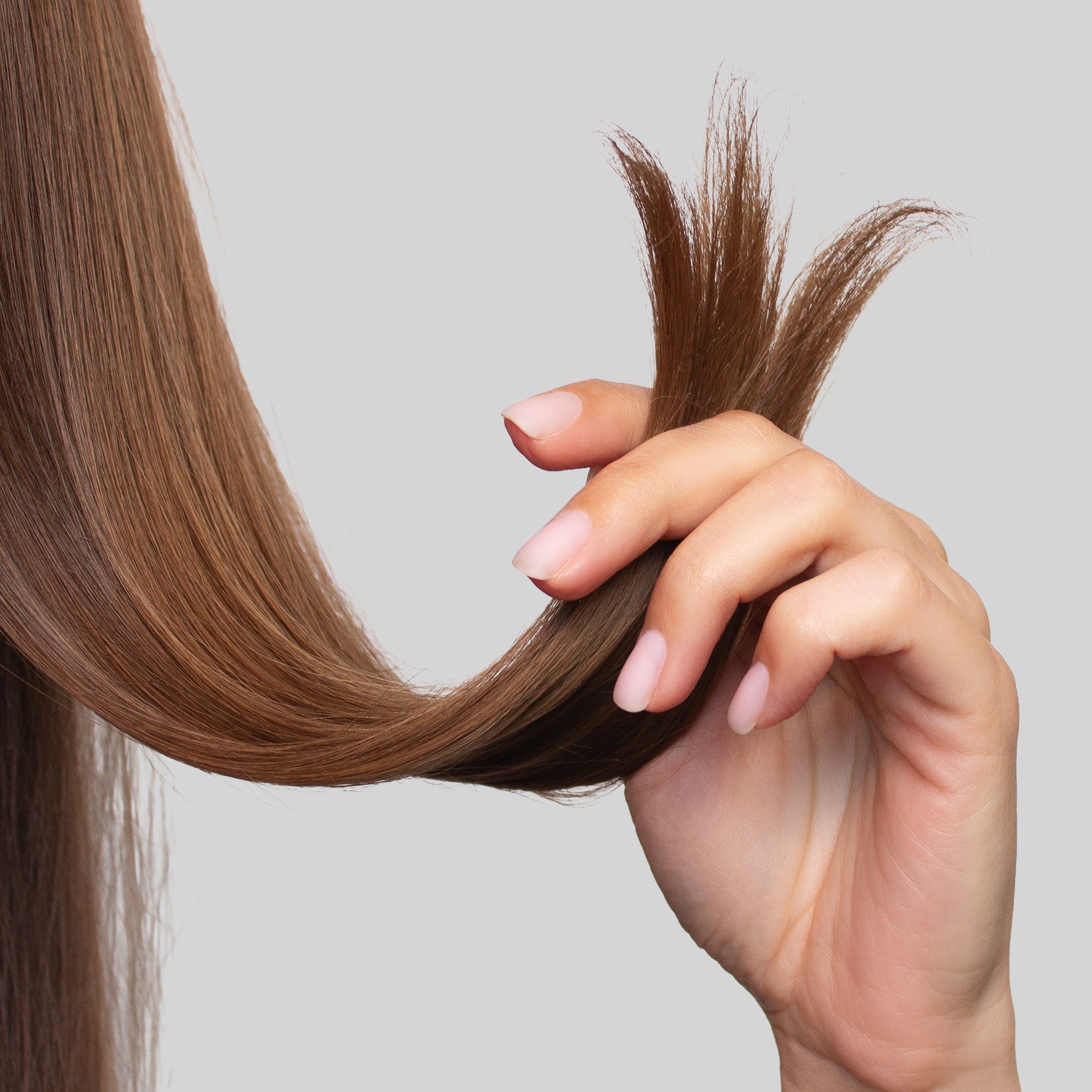 Dettaglio di donna che mostra una ciocca di capelli con doppie punte e sfibratura