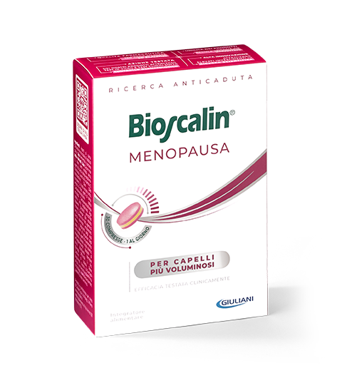 Confezione Bioscalin® MENOPAUSA integratore: formula specifica per capelli più voluminosi e sani durante la menopausa