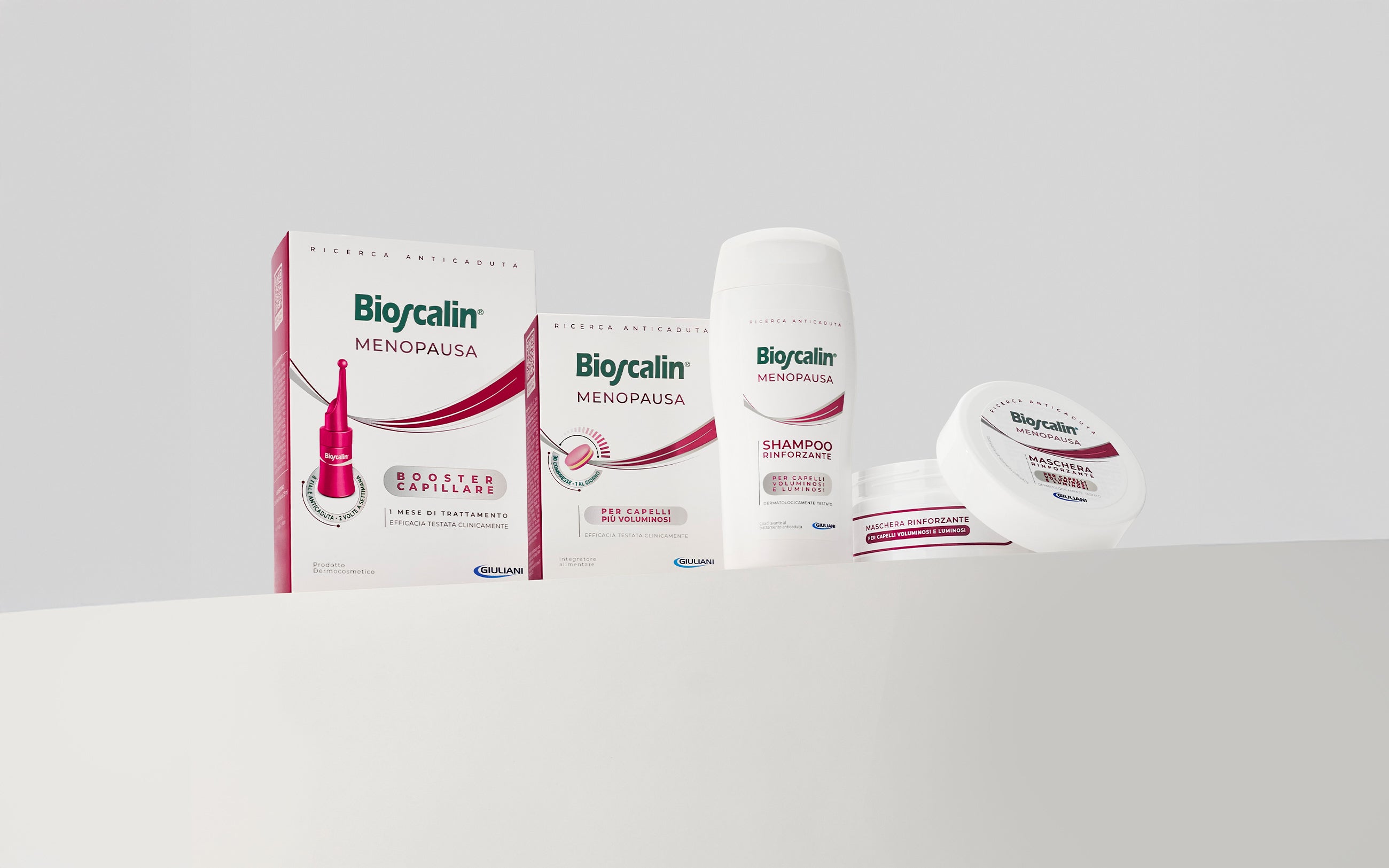 Linea Bioscalin® Menopausa: booster, compresse, shampoo e maschera per capelli più voluminosi e luminosi