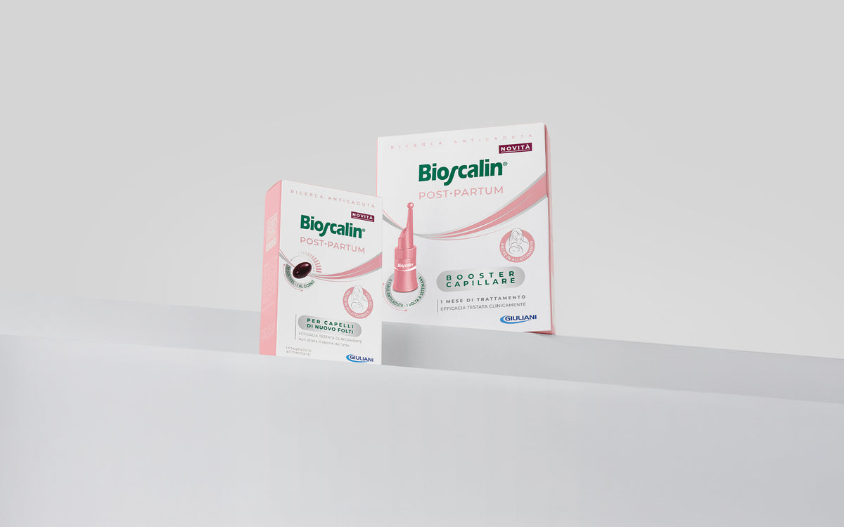 Bioscalin® Linea Post•Partum con Integratore e Booster Capillare per la caduta dei capelli dopo il parto.