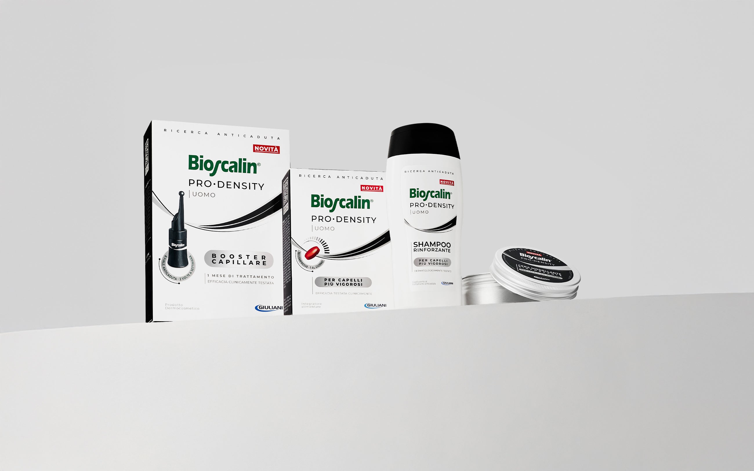 Linea Bioscalin® PRO•DENSITY Uomo: booster, compresse, shampoo e cera per capelli più folti e vigorosi