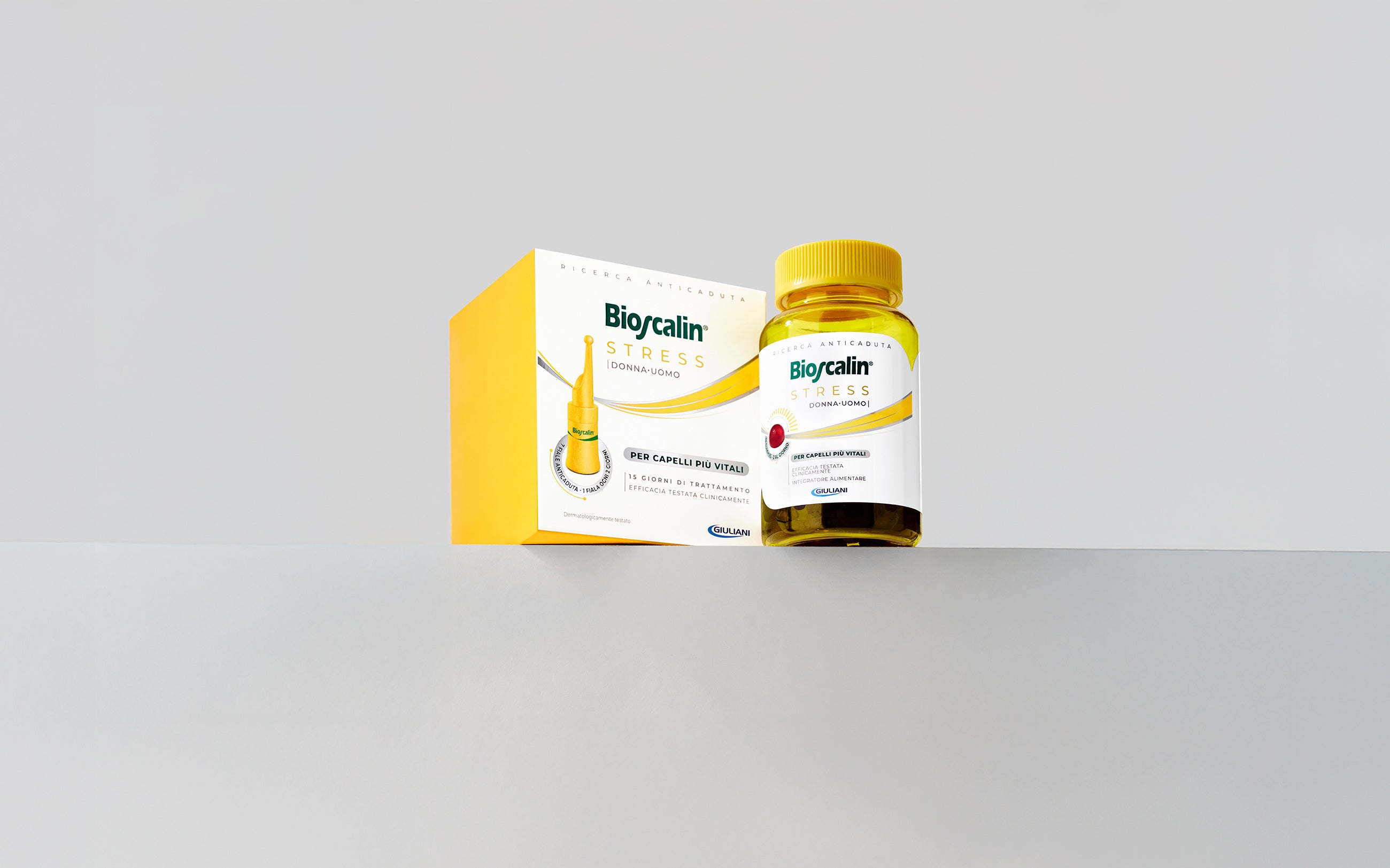 Linea Bioscalin® Stress: confezione di fiale e flacone di gommose per un trattamento sinergico contro la caduta