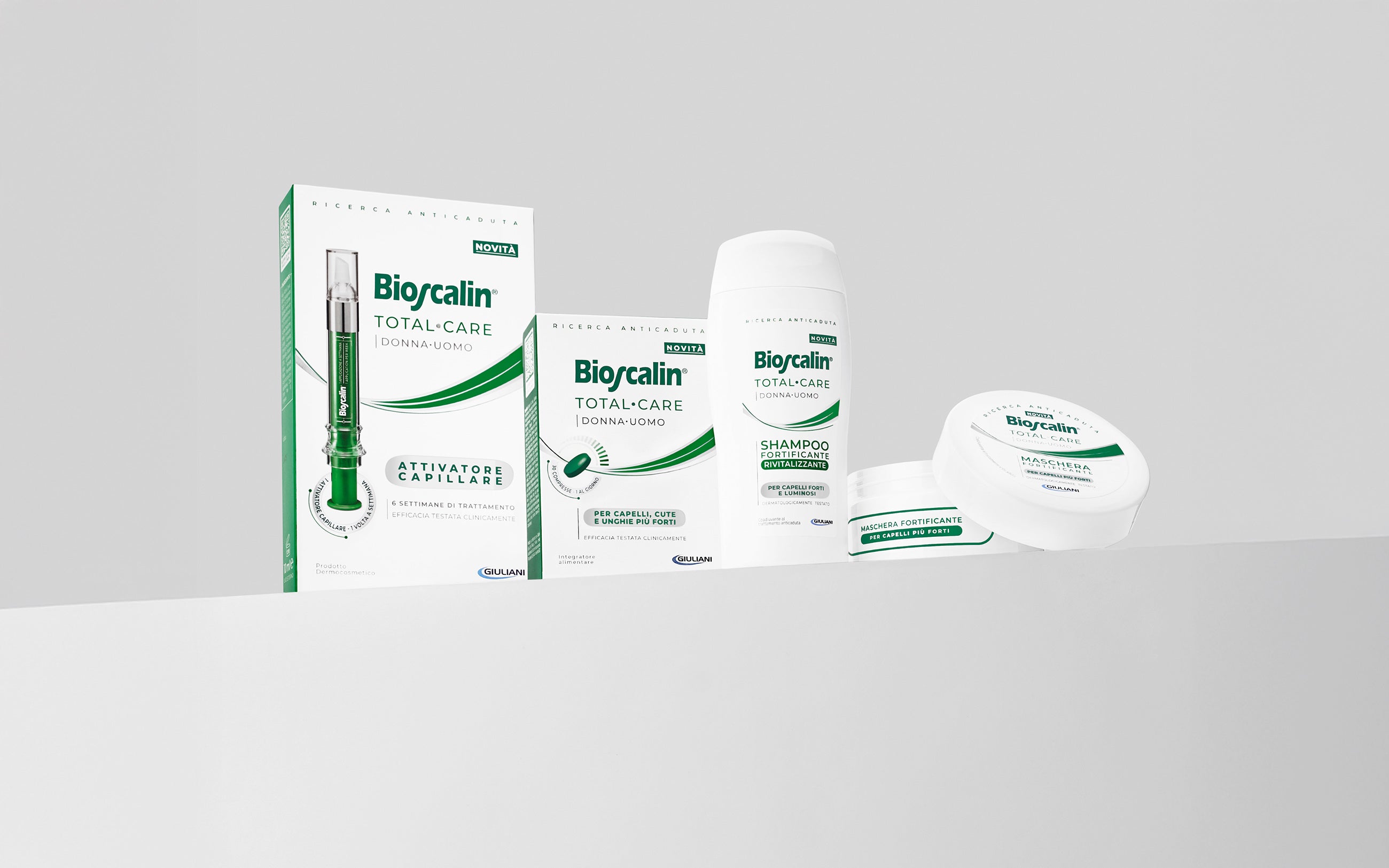 Linea Bioscalin® TOTAL•CARE: attivatore, integratore, shampoo e maschera per capelli forti e luminosi