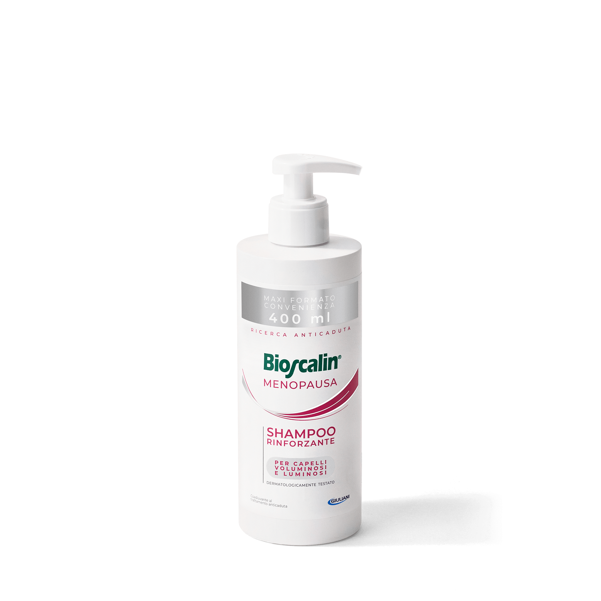 Dettaglio del flacone di shampoo rinforzante Bioscalin® linea Menopausa da 400ml | #format_400 ml