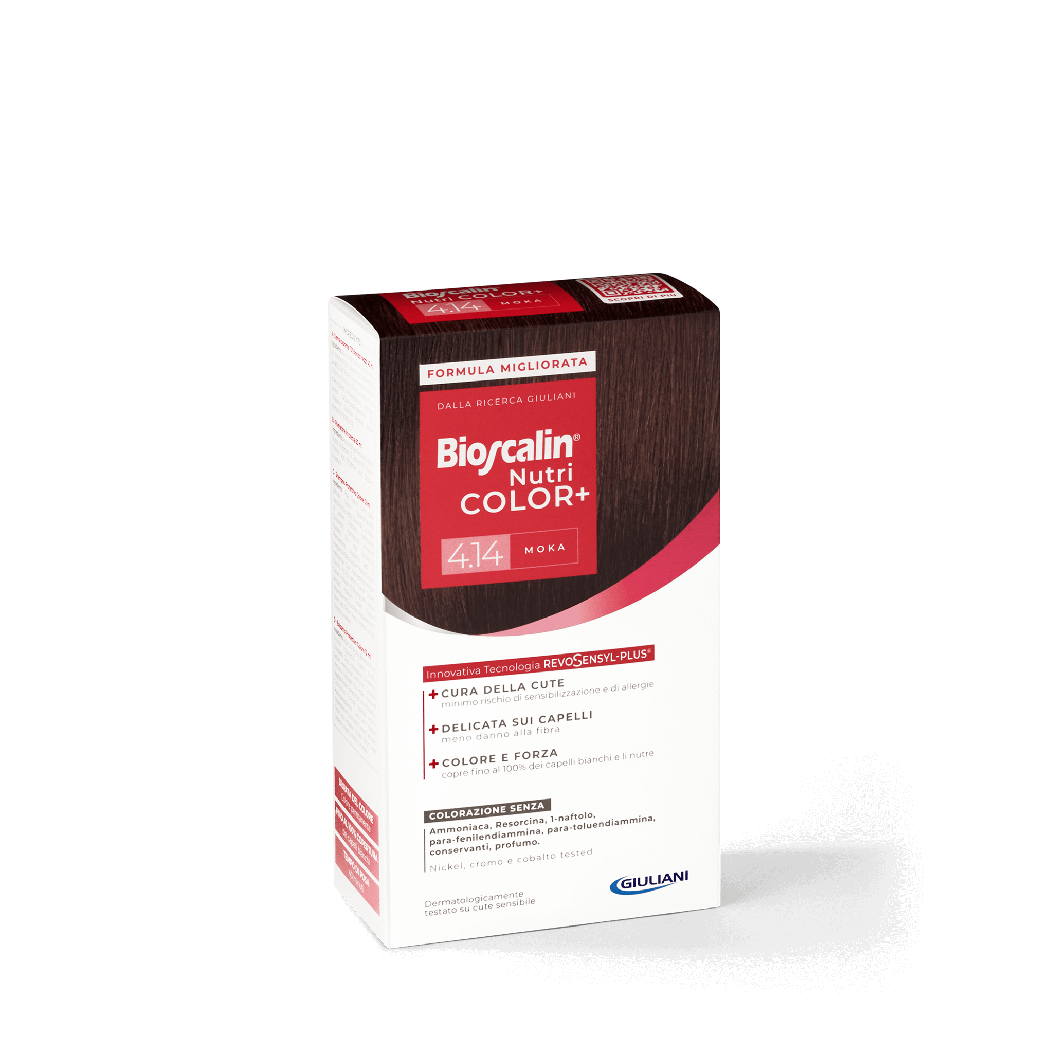 Confezione Bioscalin® NutriCOLOR+ tonalità Moka: colorazione senza ammoniaca, resorcina e profumo. | #color_4.14 Moka
