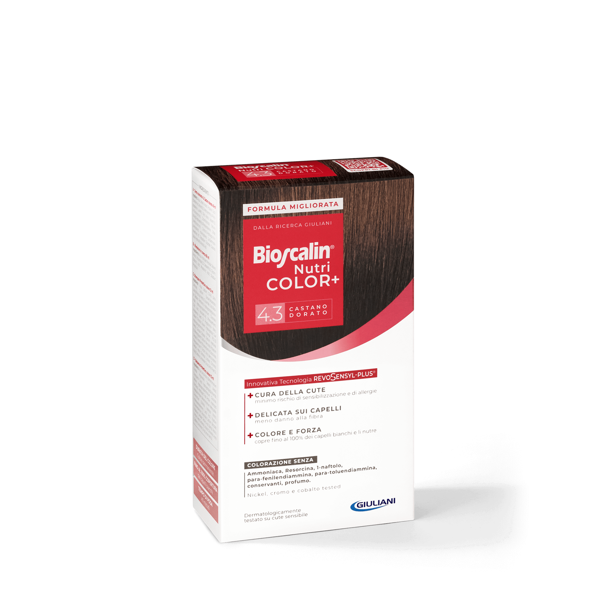 Confezione Bioscalin® NutriCOLOR+ tonalità Castano dorato: colorazione senza ammoniaca, resorcina e profumo. | #color_4.3 Castano dorato