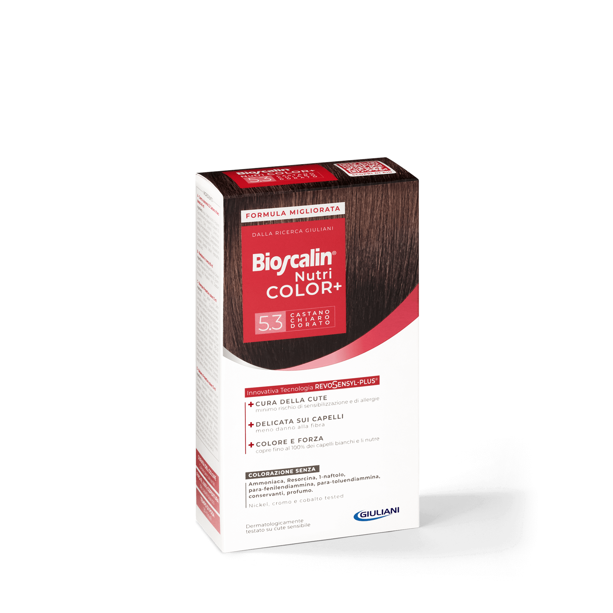 Confezione Bioscalin® NutriCOLOR+ tonalità Castano chiaro dorato: colorazione senza ammoniaca, resorcina e profumo. | #color_5.3 Castano chiaro dorato