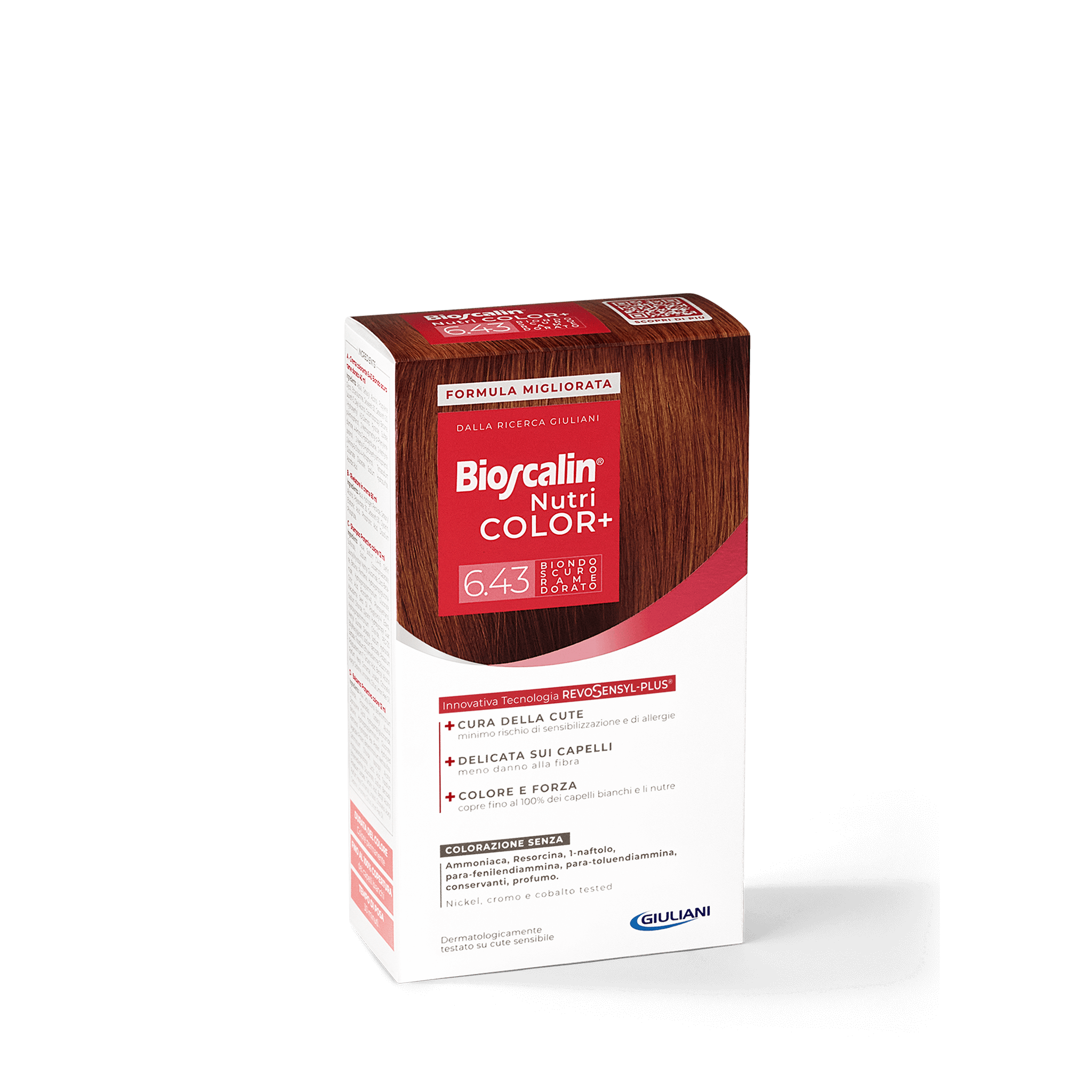 Confezione Bioscalin® NutriCOLOR+ tonalità Biondo scuro rame dorato: colorazione senza ammoniaca, resorcina e profumo. | #color_6.43 Biondo scuro rame dorato