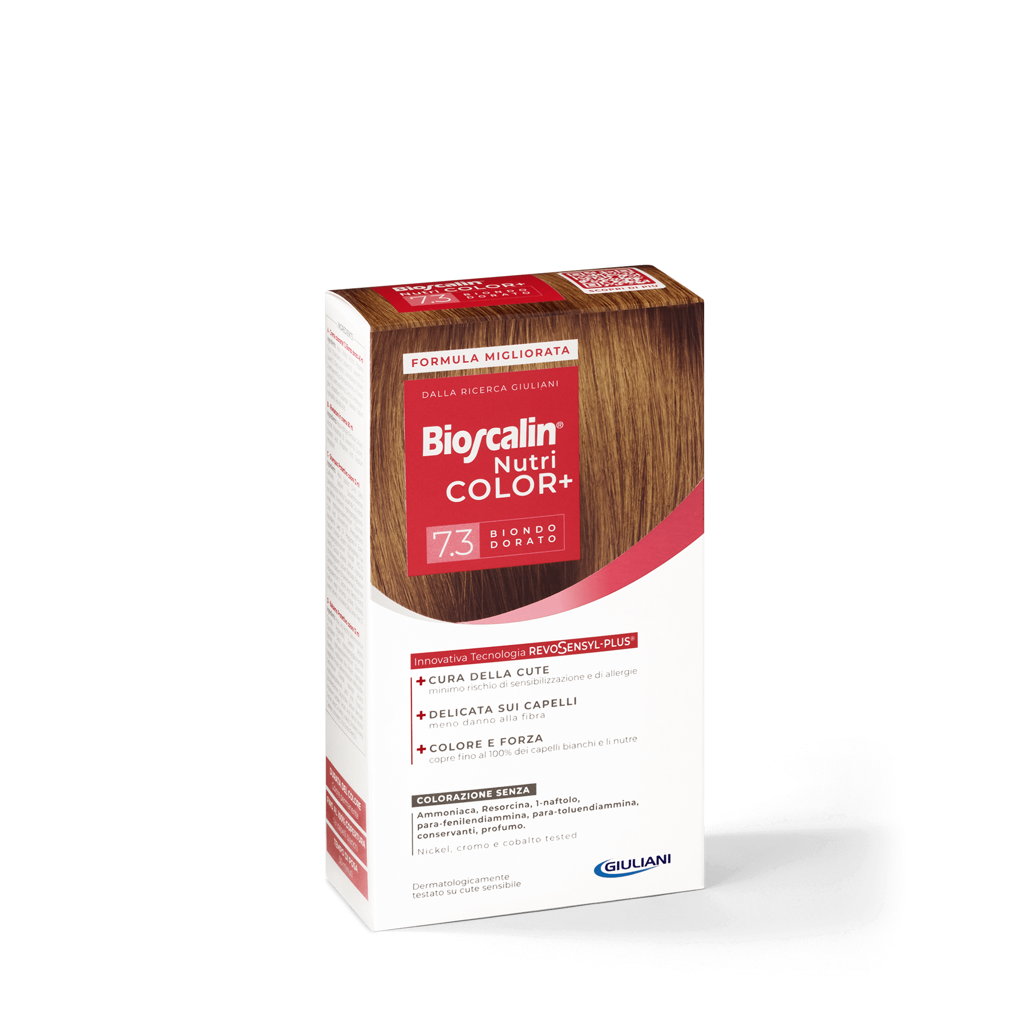 Confezione Bioscalin® NutriCOLOR+ tonalità Biondo dorato: colorazione senza ammoniaca, resorcina e profumo. | #color_7.3 Biondo dorato
