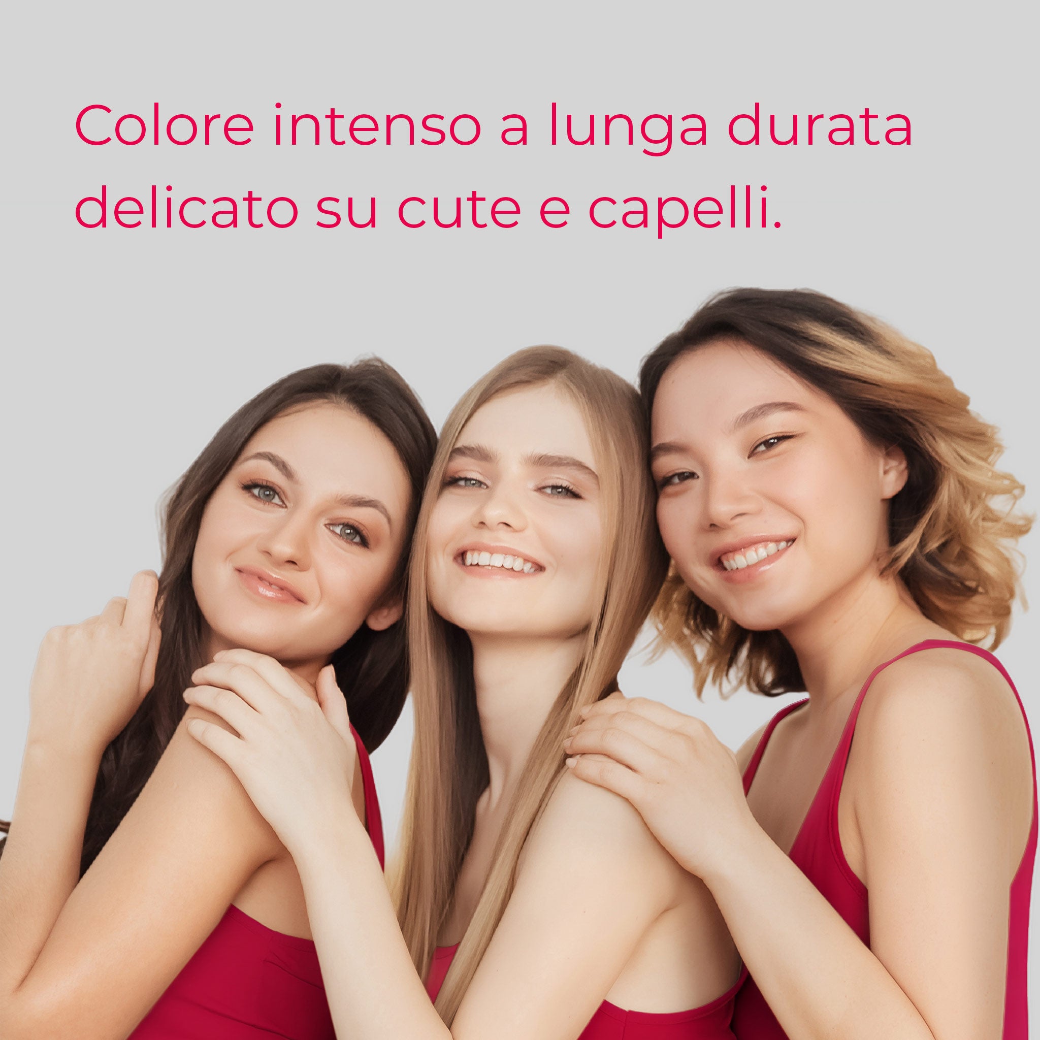 Tre donne con diverse tonalità di capelli: Bioscalin® NutriCOLOR+ offre un colore intenso a lunga durata