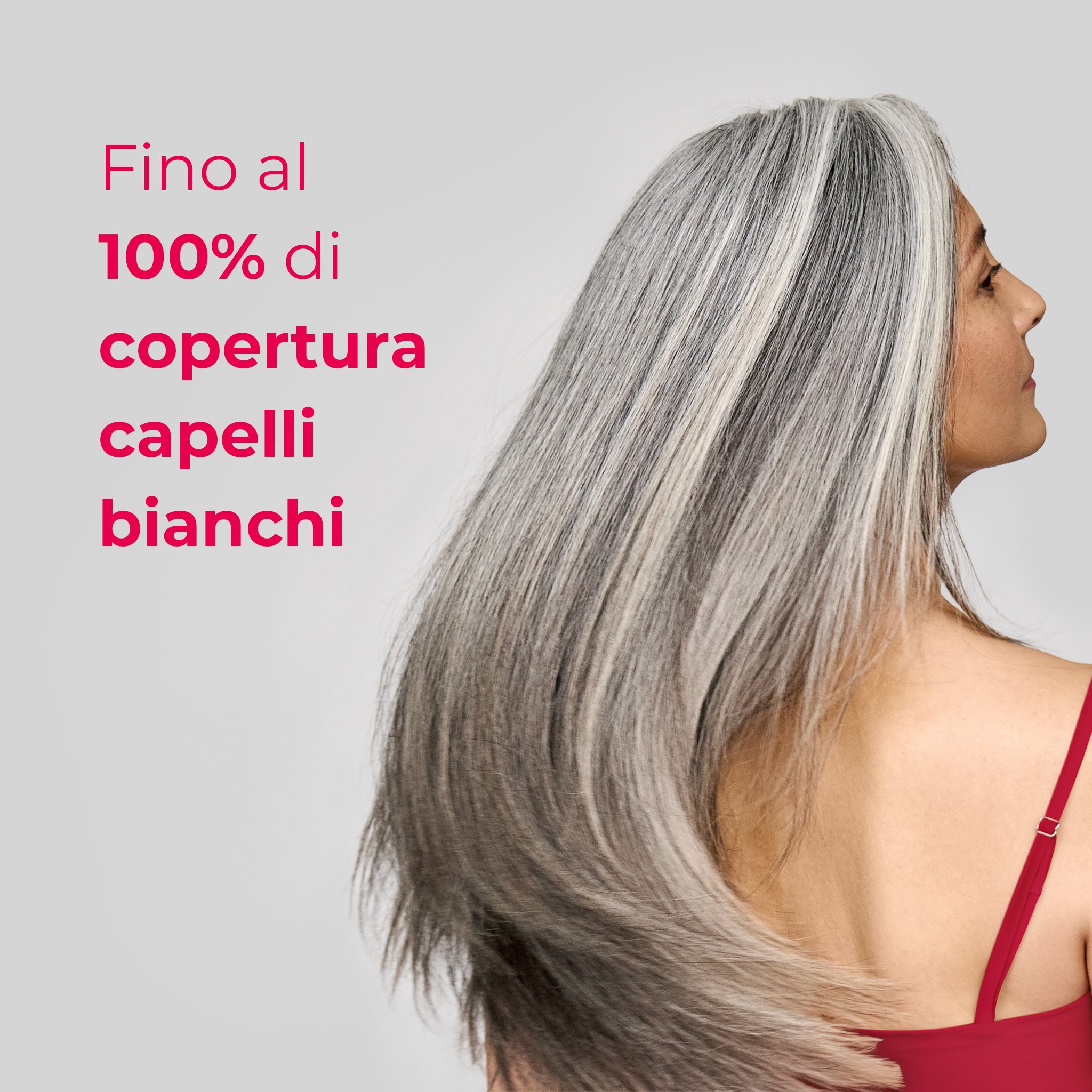 Donna ripresa lateralmente: Bioscalin® Nutri COLOR+ garantisce fino al 100% di copertura dei capelli bianchi