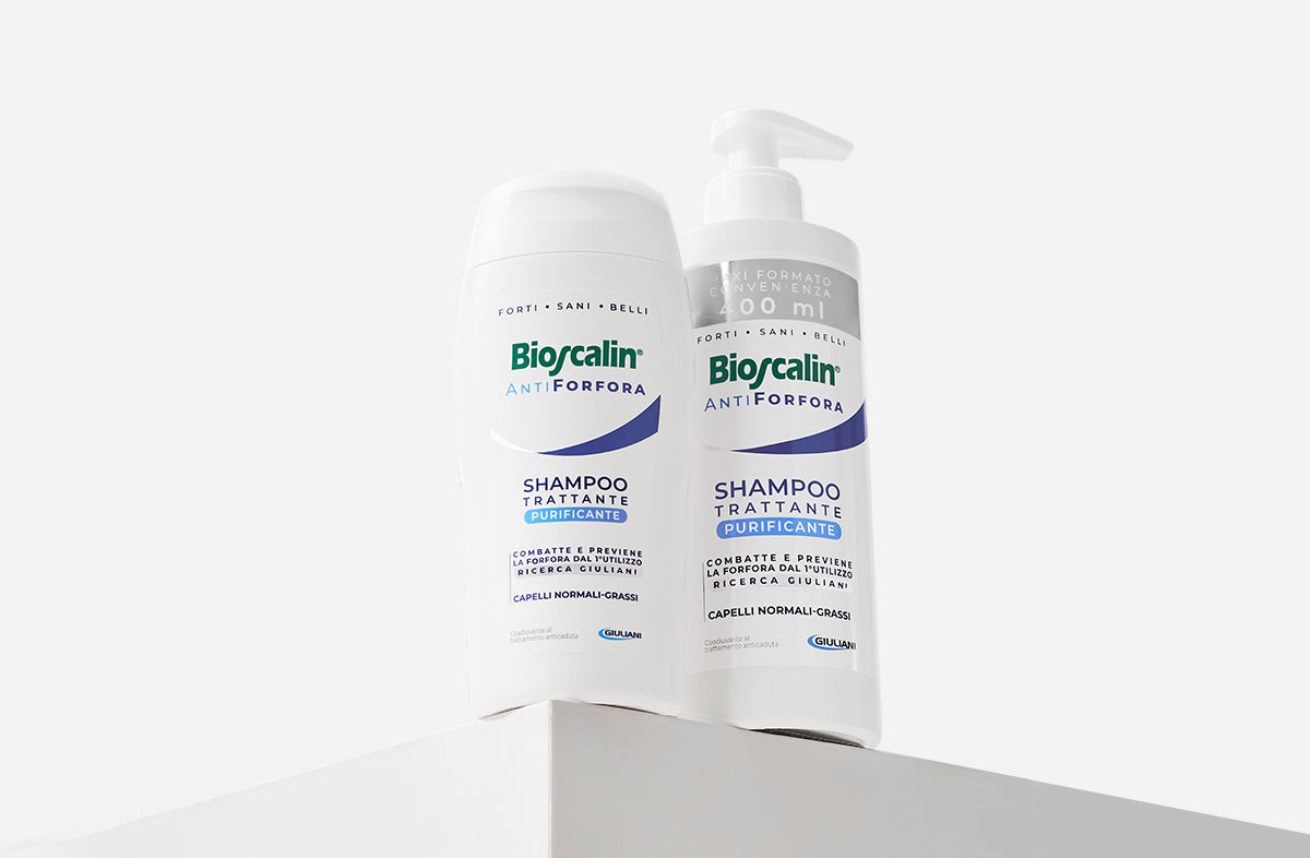 Due flaconi di Shampoo Bioscalin® Antiforfora nelle versioni Purificante e Lenitivo