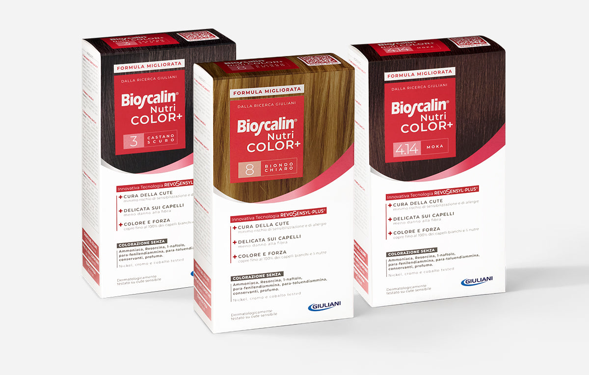 Tre confezioni di tinte Bioscalin® NutriCOLOR+ in diverse varianti di colore