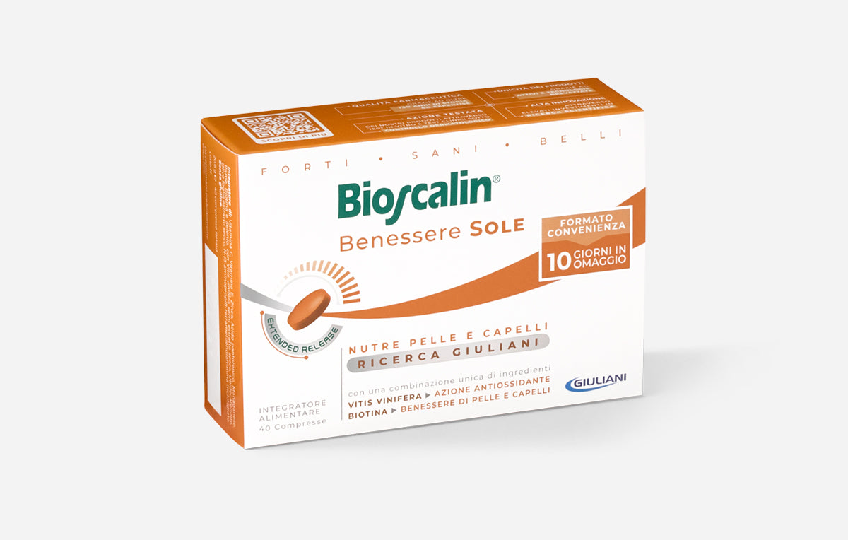 Confezione dell'integratore Bioscalin® Benessere Sole in formato convenienza con 10 giorni extra in omaggio