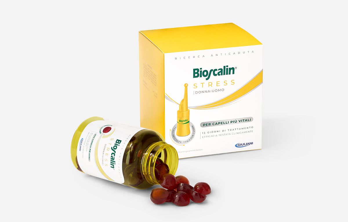 Trattamento Bioscalin® linea Stress: fiale anticaduta e integratore in gommose per capelli più vitali