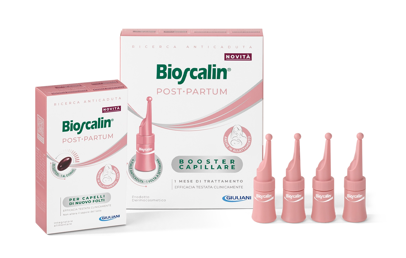 Bioscalin® Post•Partum Integratore e Booster Capillare con le fiale monodose esposte accanto alle confezioni.