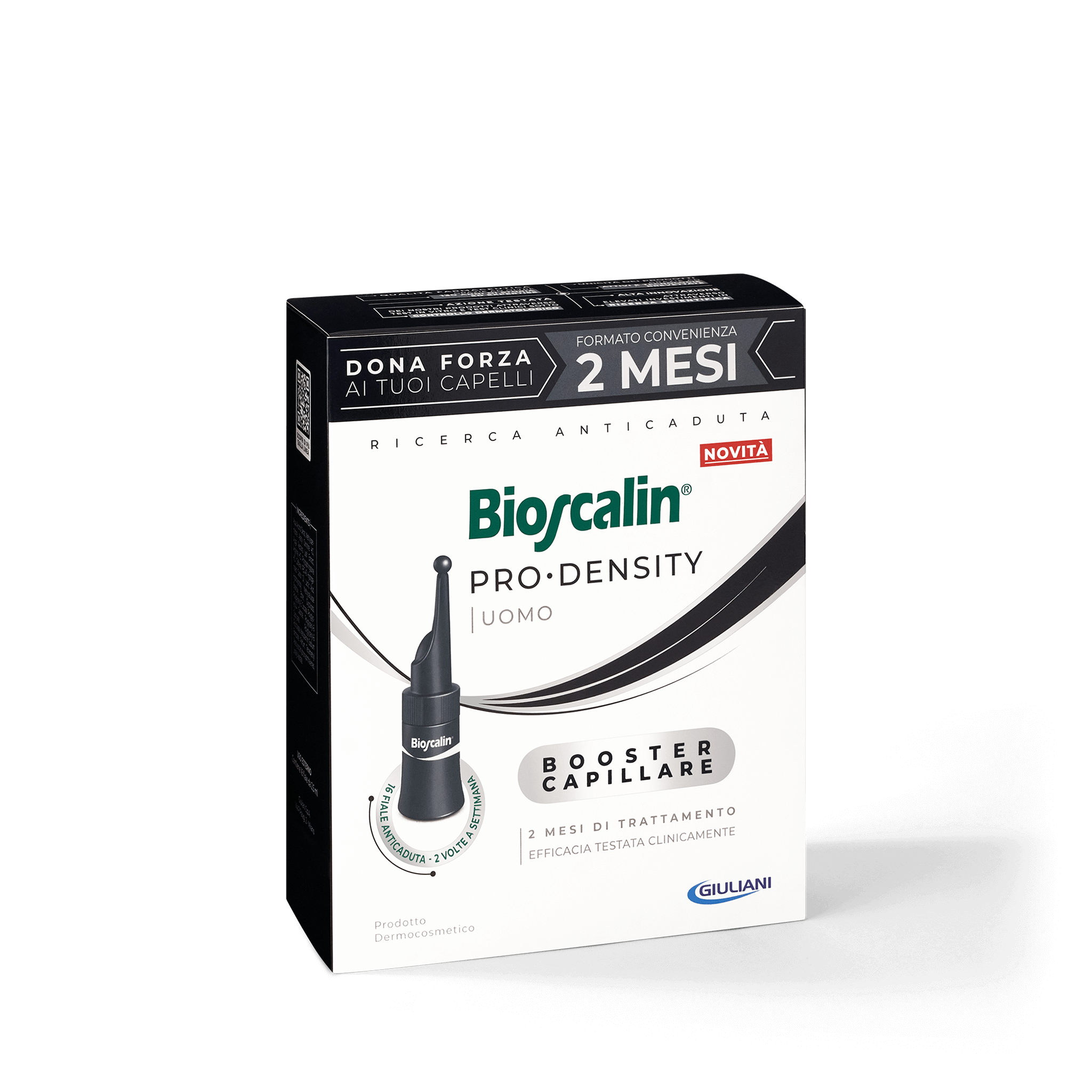 Dettaglio della confezione del booster capillare anticaduta uomo Bioscalin® linea PRO•DENSITY, 2 mesi di trattamento | #format_16 fiale