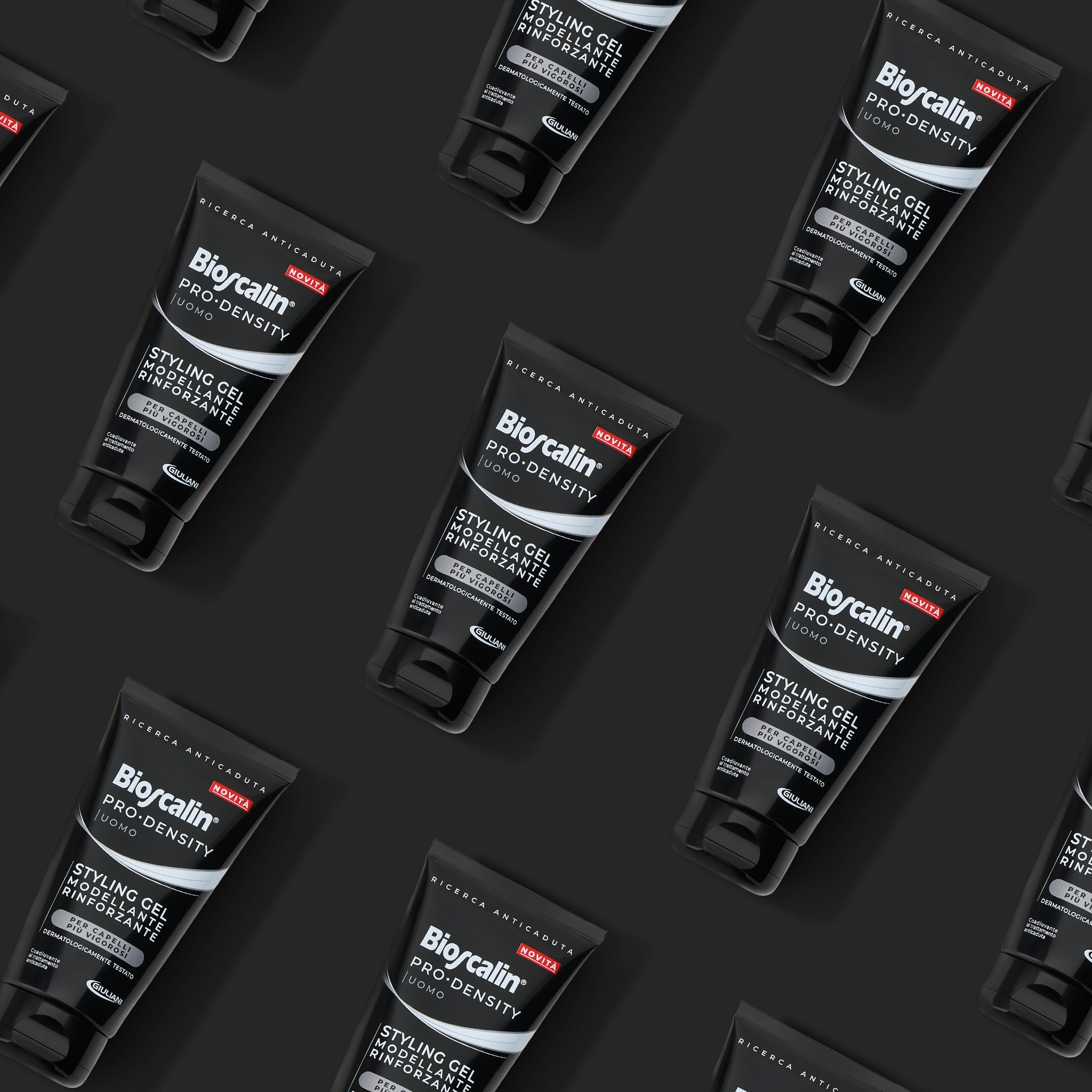 Pattern di tubetti Bioscalin® PRO•DENSITY Uomo: styling gel modellante e rinforzante per capelli più vigorosi