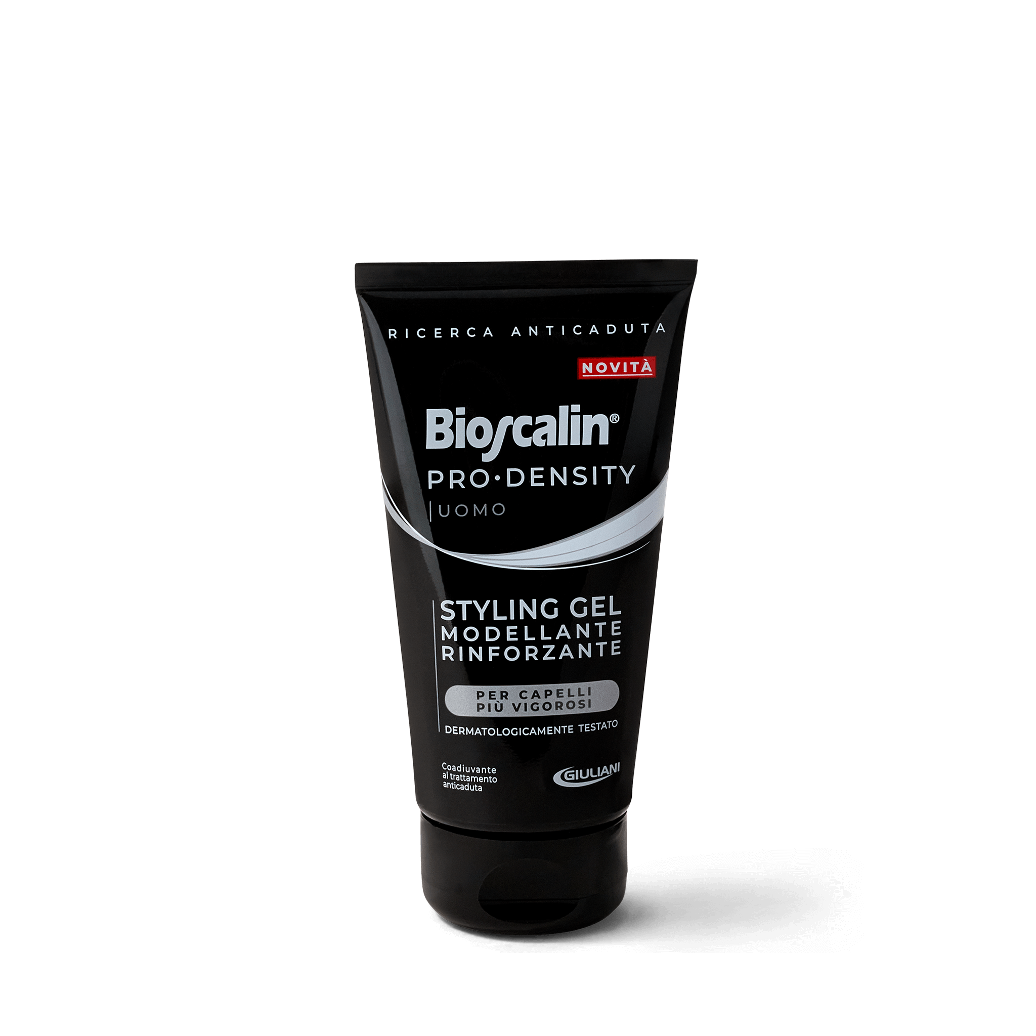 Primo piano del flacone di gel modellante e rinforzante della linea anticaduta uomo Bioscalin® PRO•DENSITY