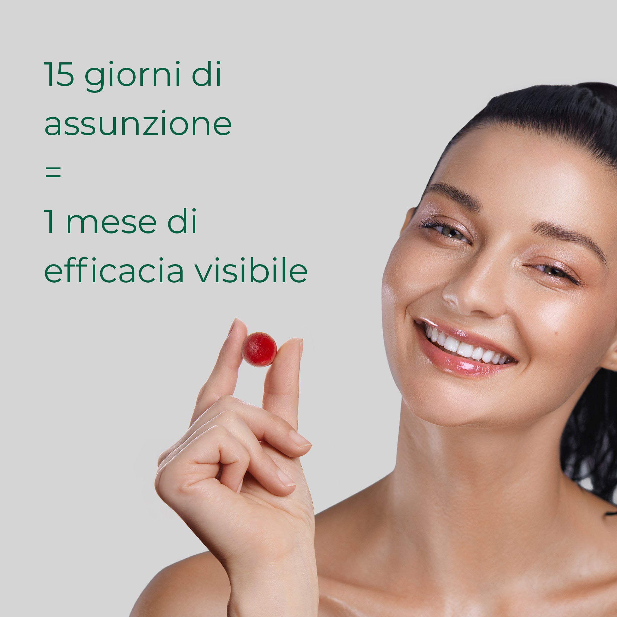 Donna con gommosa Bioscalin® Stress tra le dita: 15 giorni di trattamento garantiscono 1 mese di efficacia anticaduta