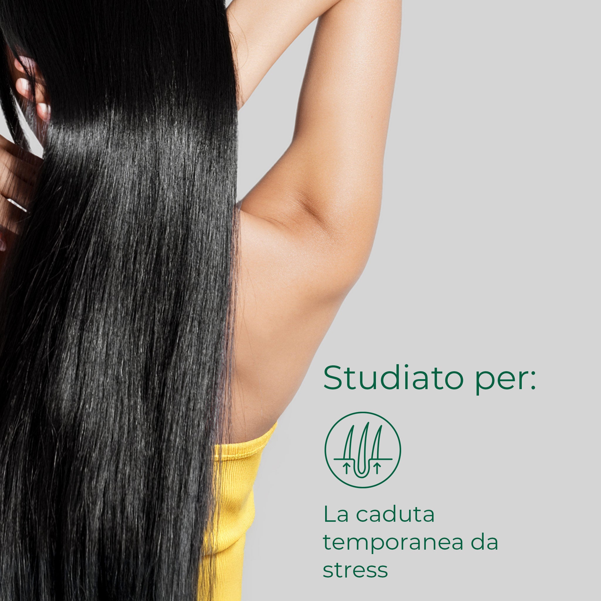 Donna con capelli lunghi e luminosi: Bioscalin® Stress è studiato per contrastare la caduta temporanea da stress