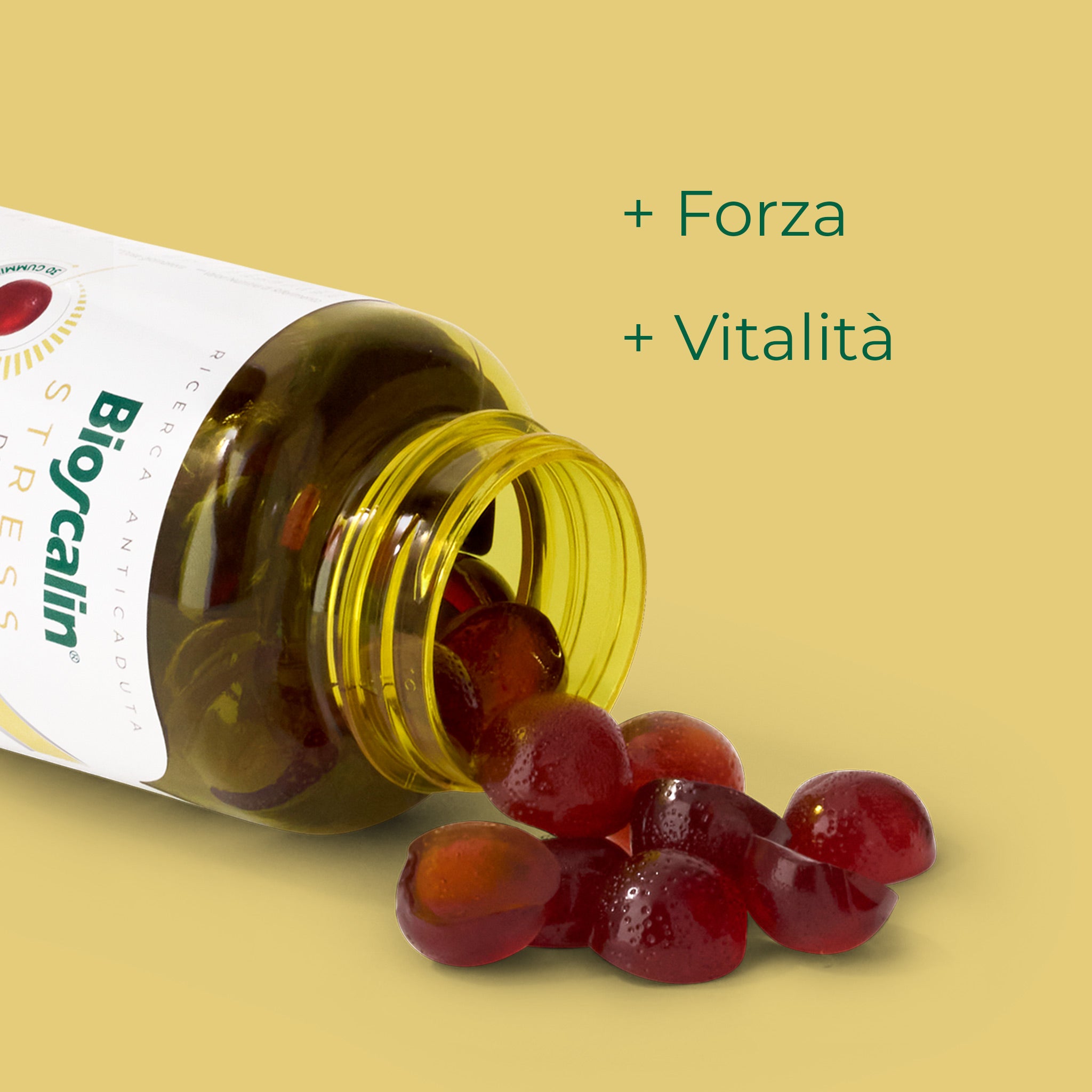 Dettaglio gommosa rossa Bioscalin® Stress: integratore pratico e gustoso che dona forza e vitalità ai capelli