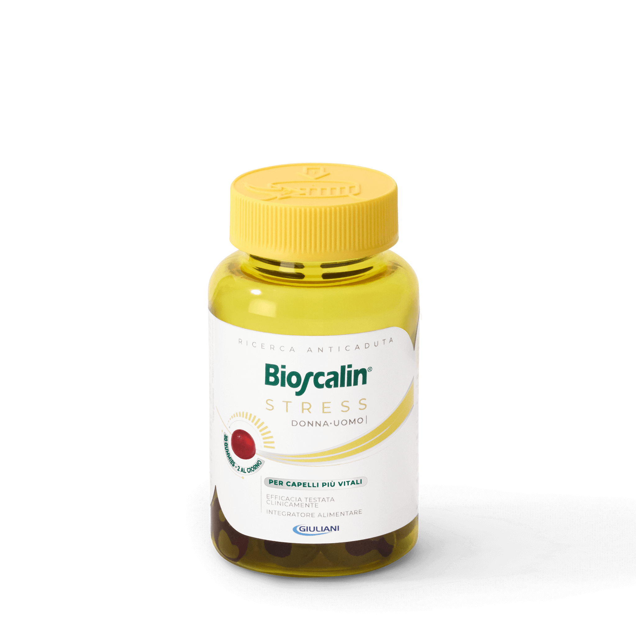 Primo piano del flacone di gummies della linea Bioscalin® Stress per capelli più vitali